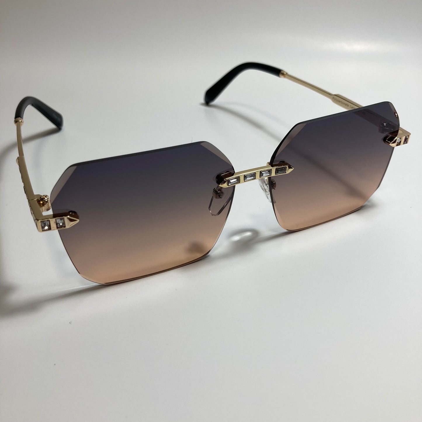 womens black orange and gold rimless square rhinestone sunglasses