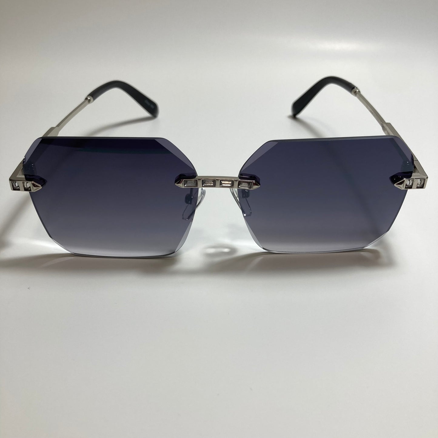 womens black and silver rimless square rhinestone sunglasses
