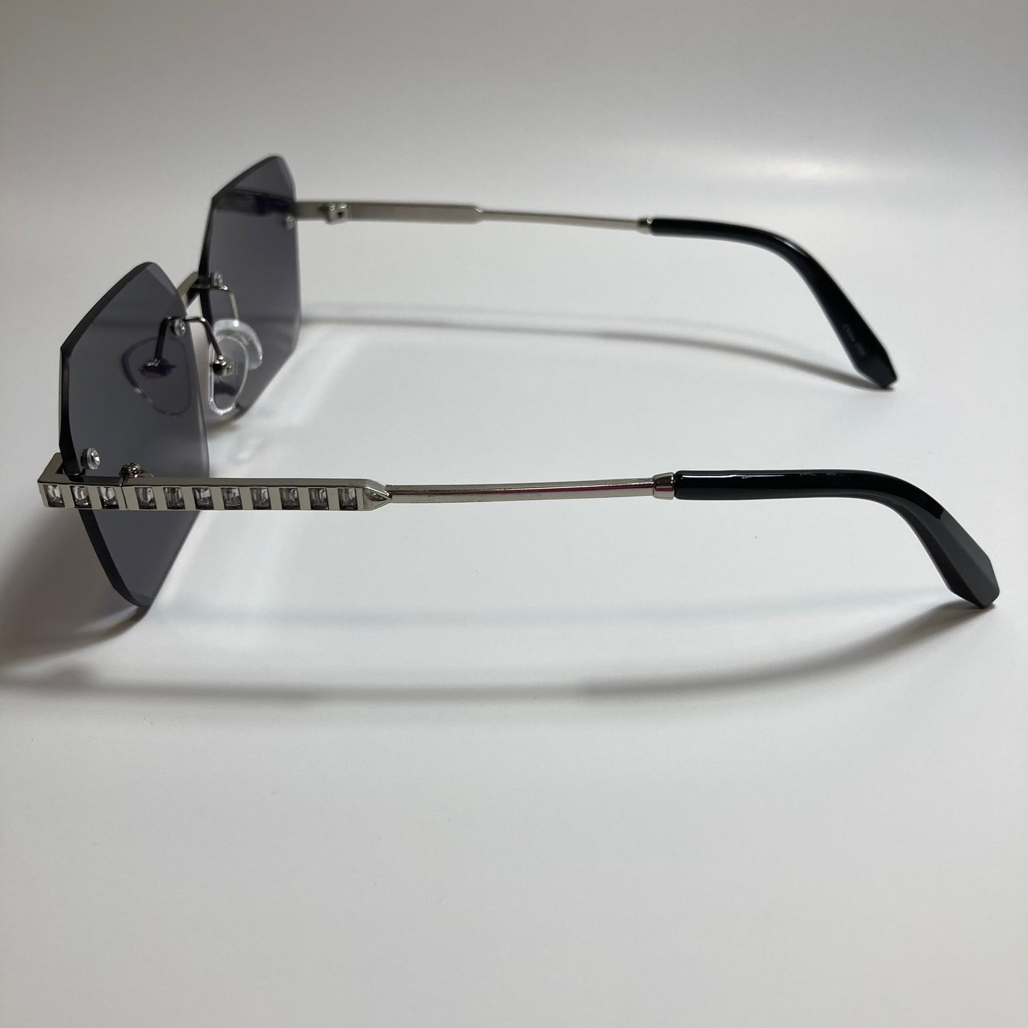 womens black and silver rimless square rhinestone sunglasses