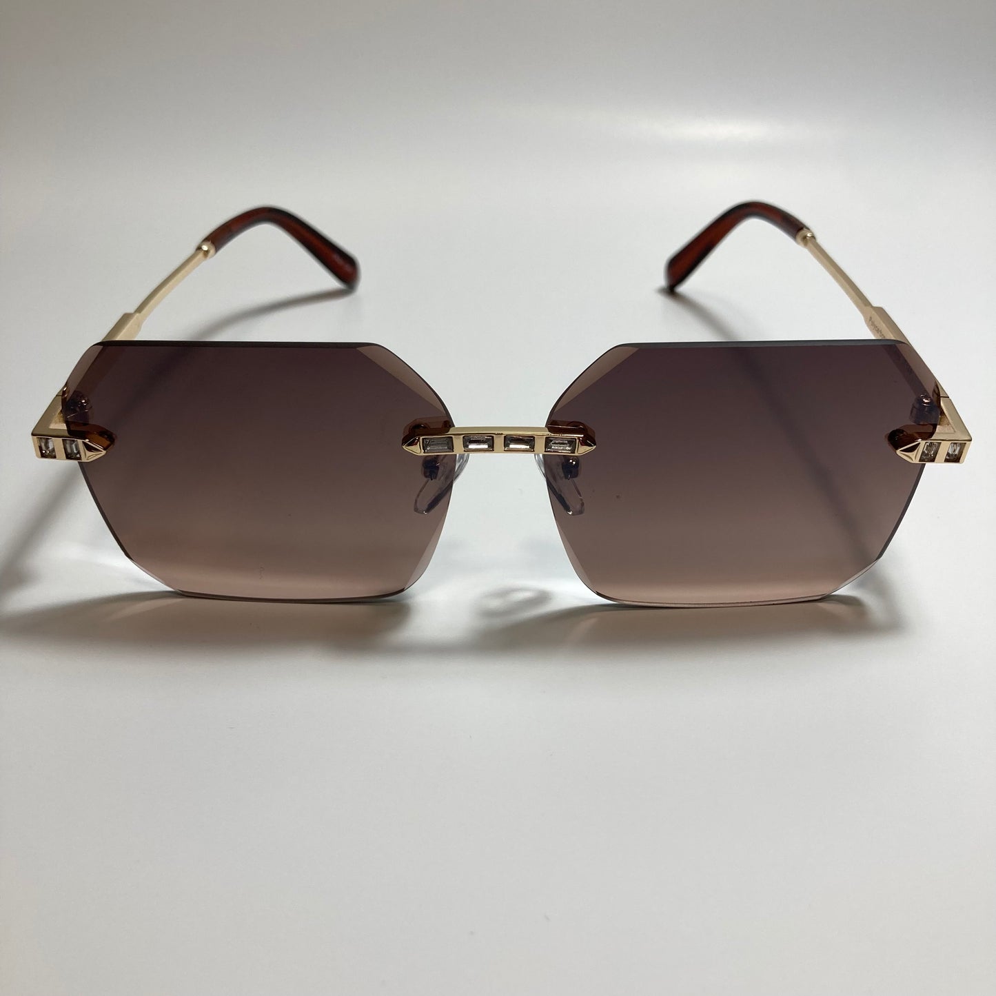 womens brown and gold rimless square rhinestone sunglasses