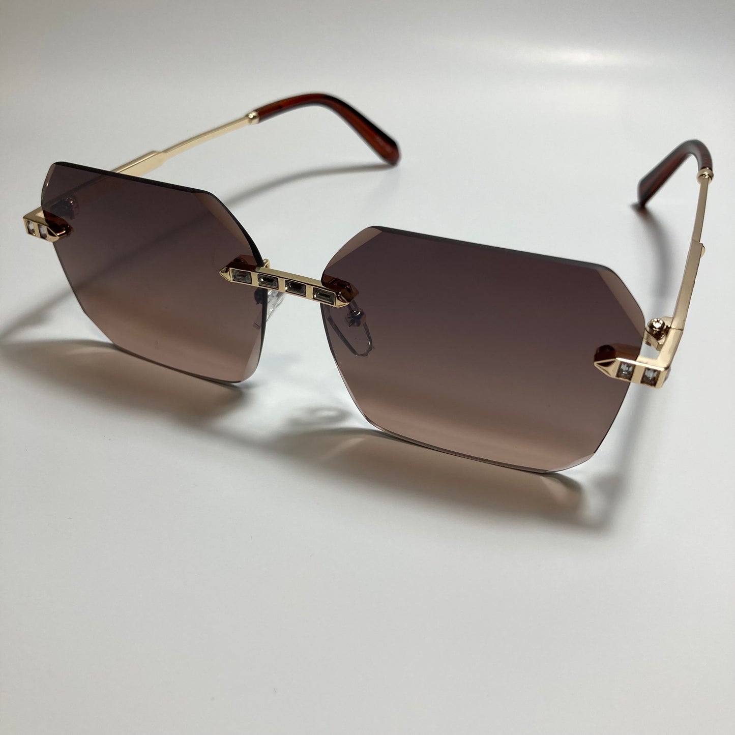 womens brown and gold rimless square rhinestone sunglasses
