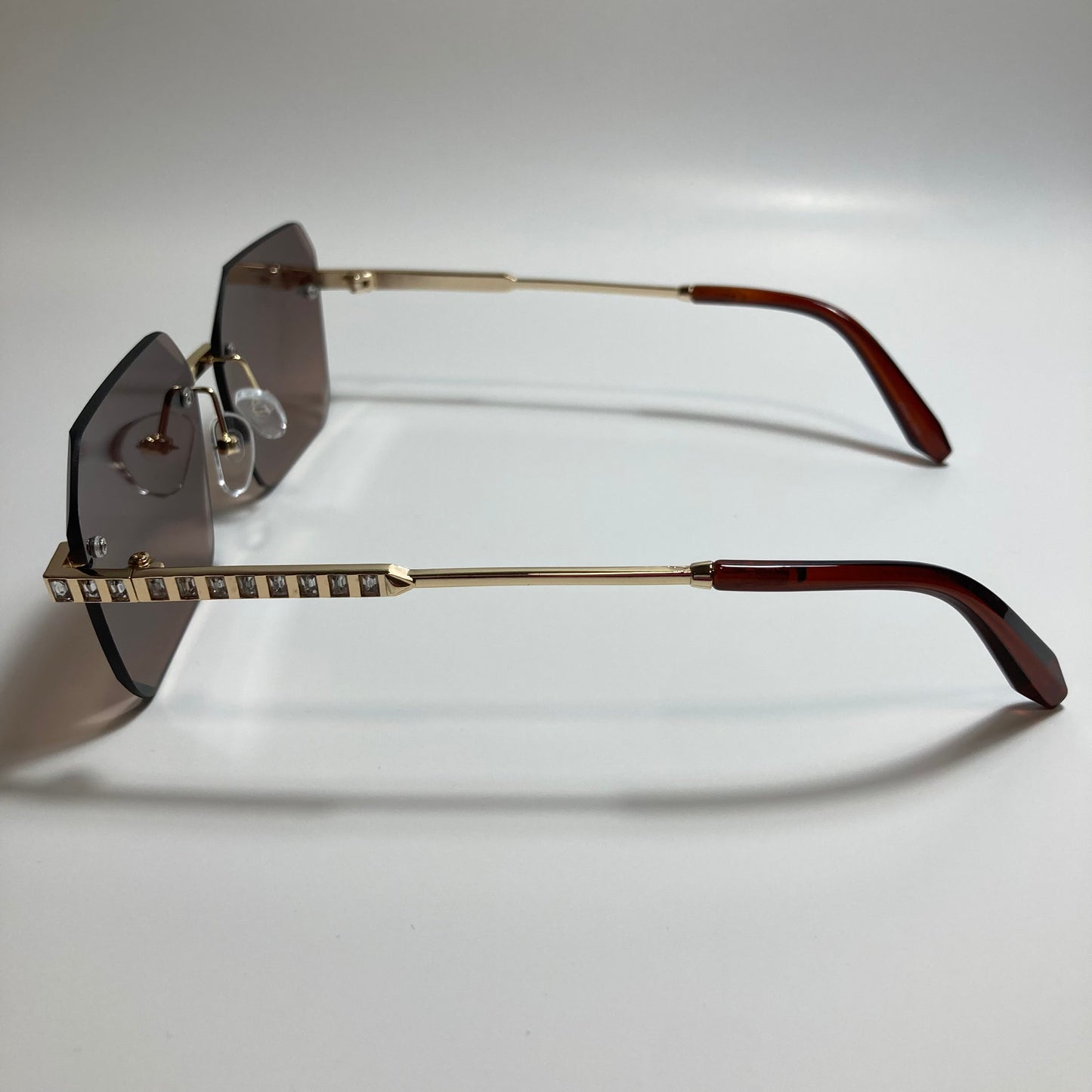 womens brown and gold rimless square rhinestone sunglasses