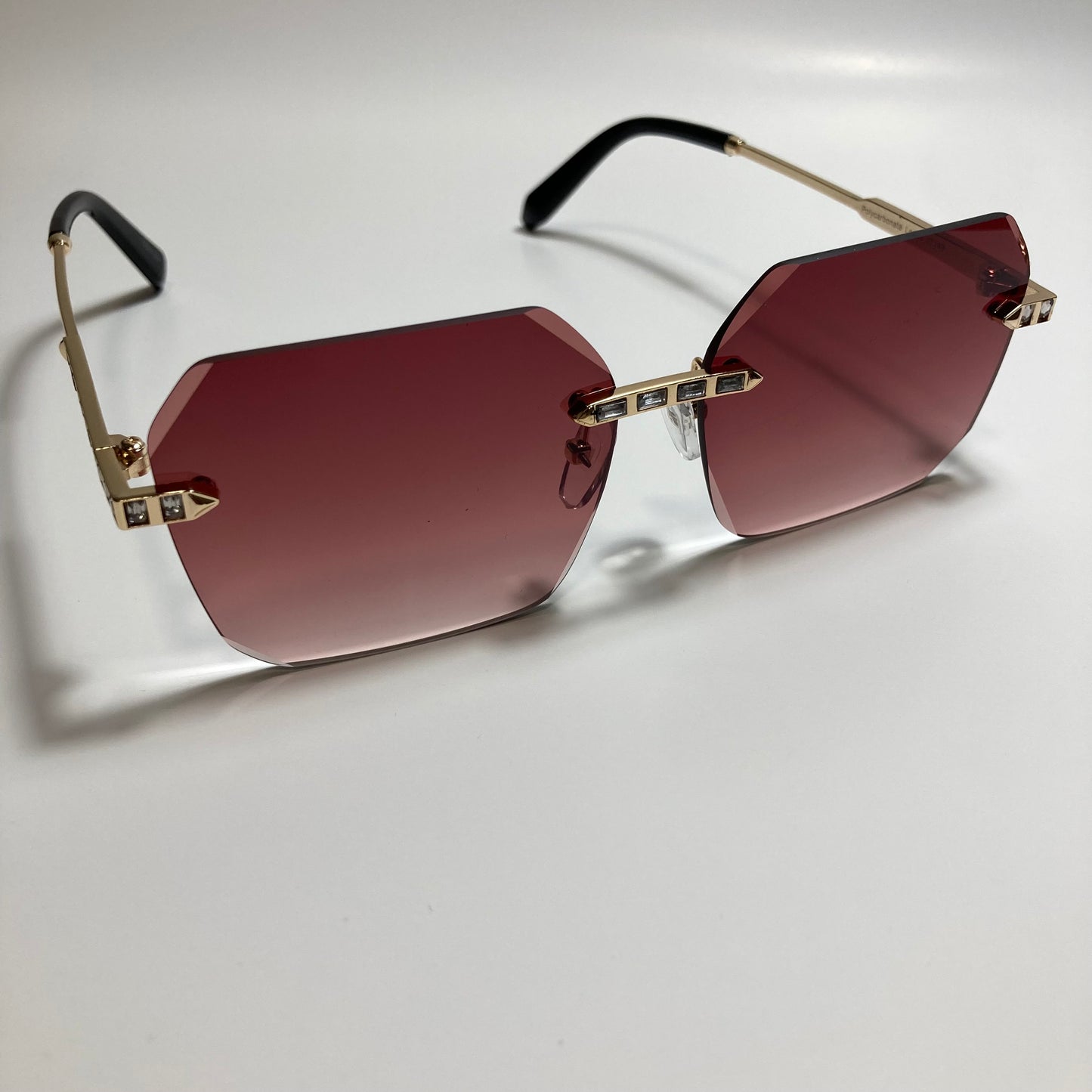 womens red and gold rimless square rhinestone sunglasses