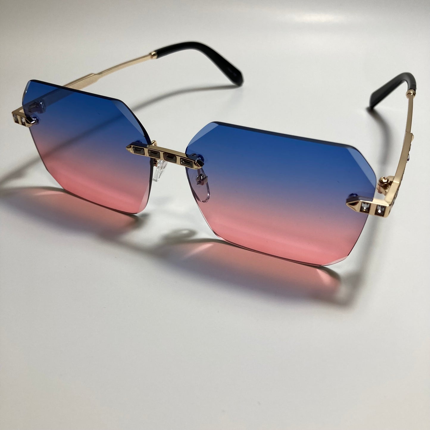 womens pink blue and gold rimless square rhinestone sunglasses