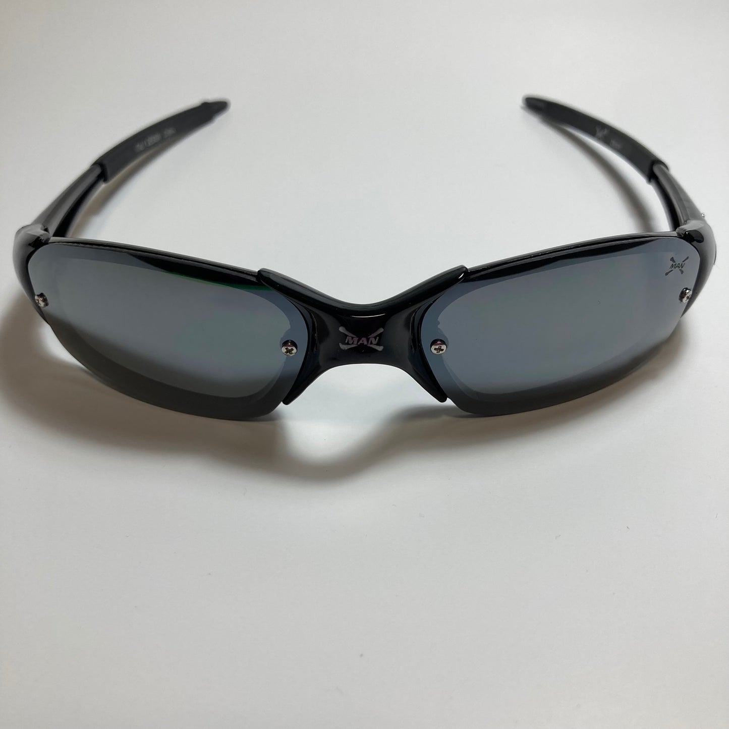 mens and womens black and silver wrap around sunglasses