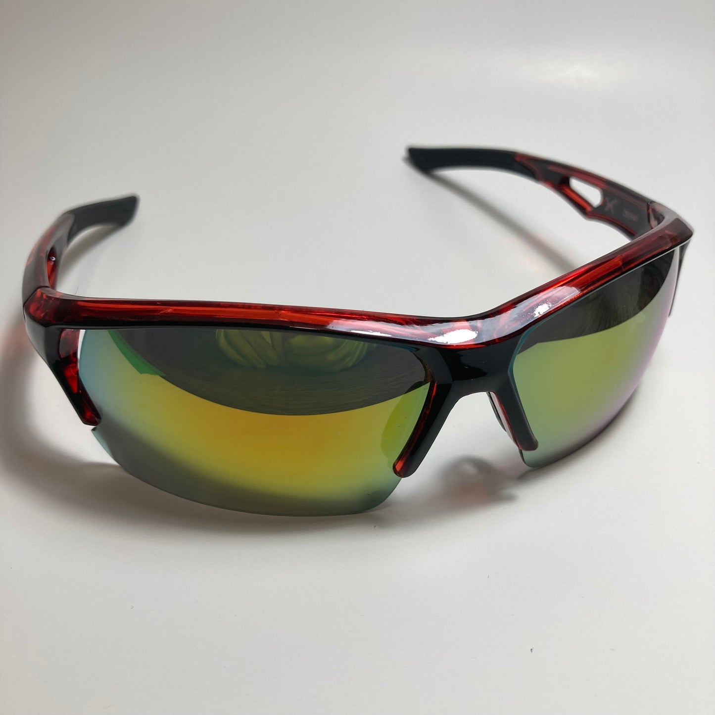 mens black red and yellow mirrored wrap around sunglasses