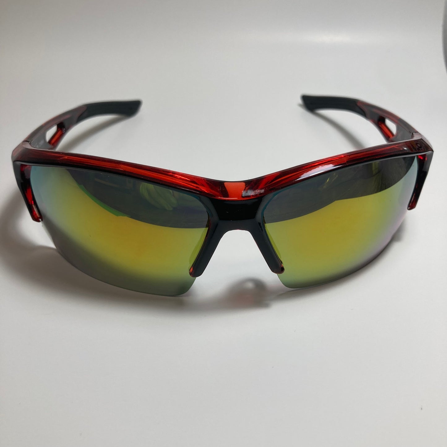 mens black red and yellow mirrored wrap around sunglasses