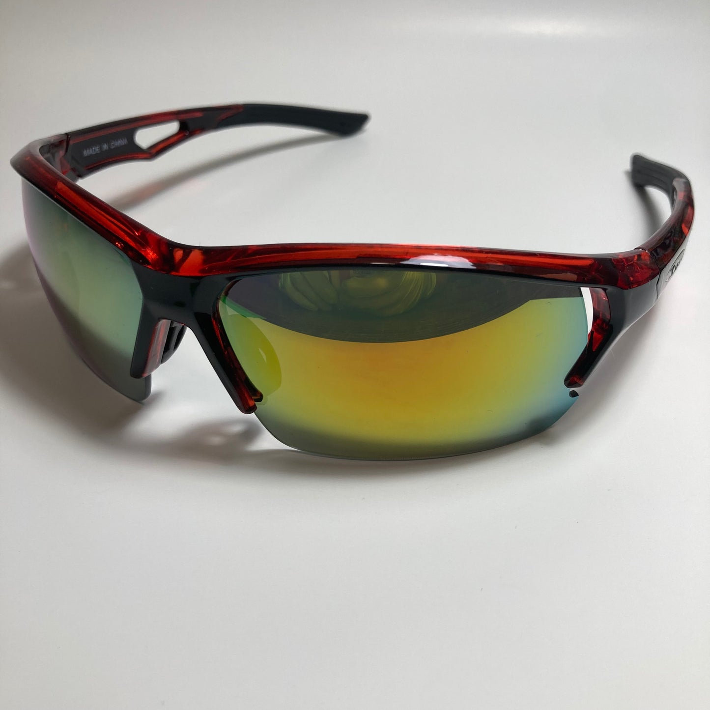 mens black red and yellow mirrored wrap around sunglasses