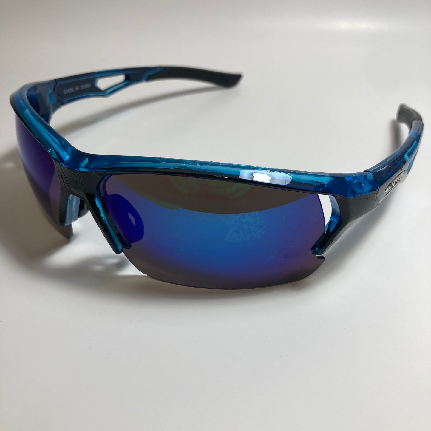 mens blue and black mirrored wrap around sunglasses