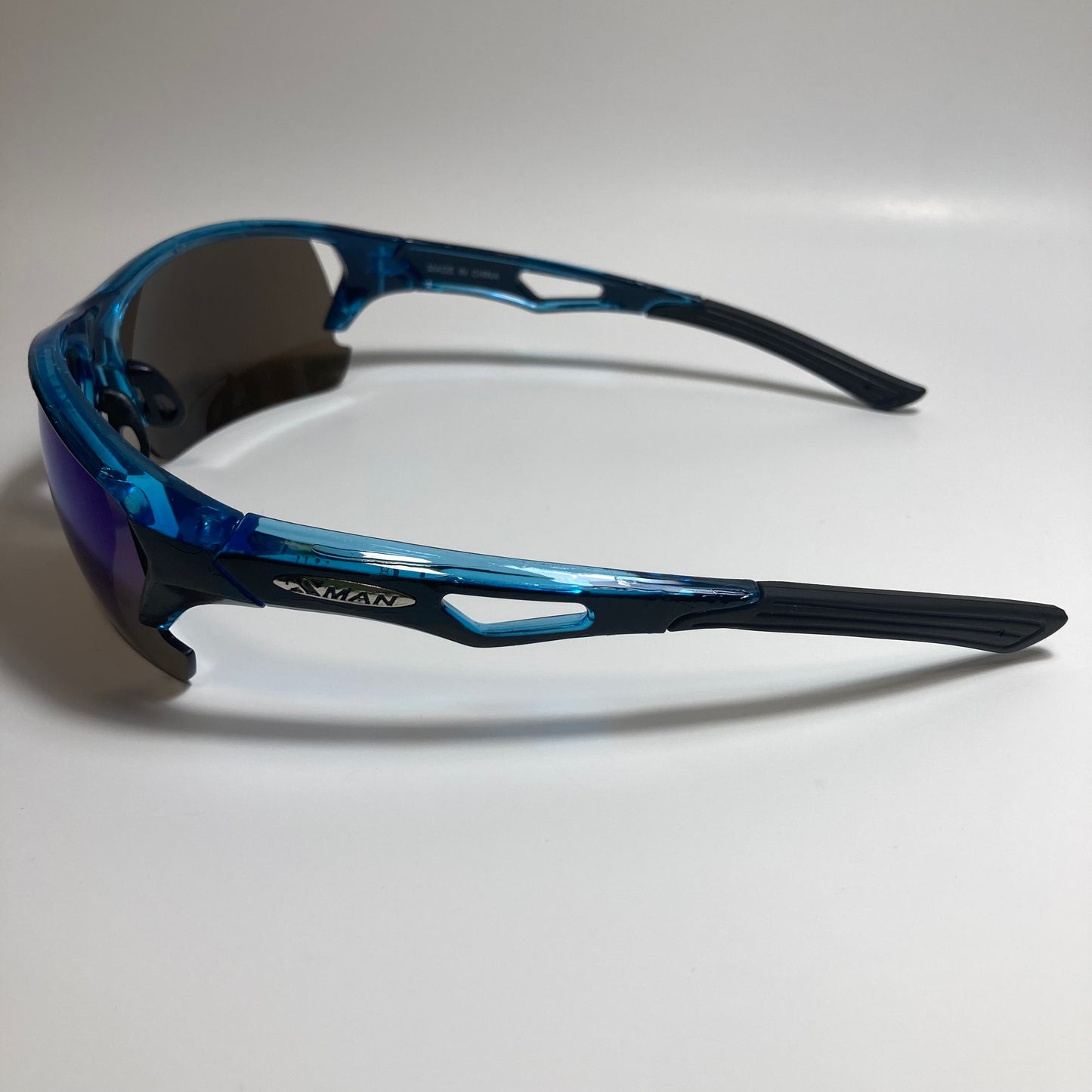 mens blue and black mirrored wrap around sunglasses