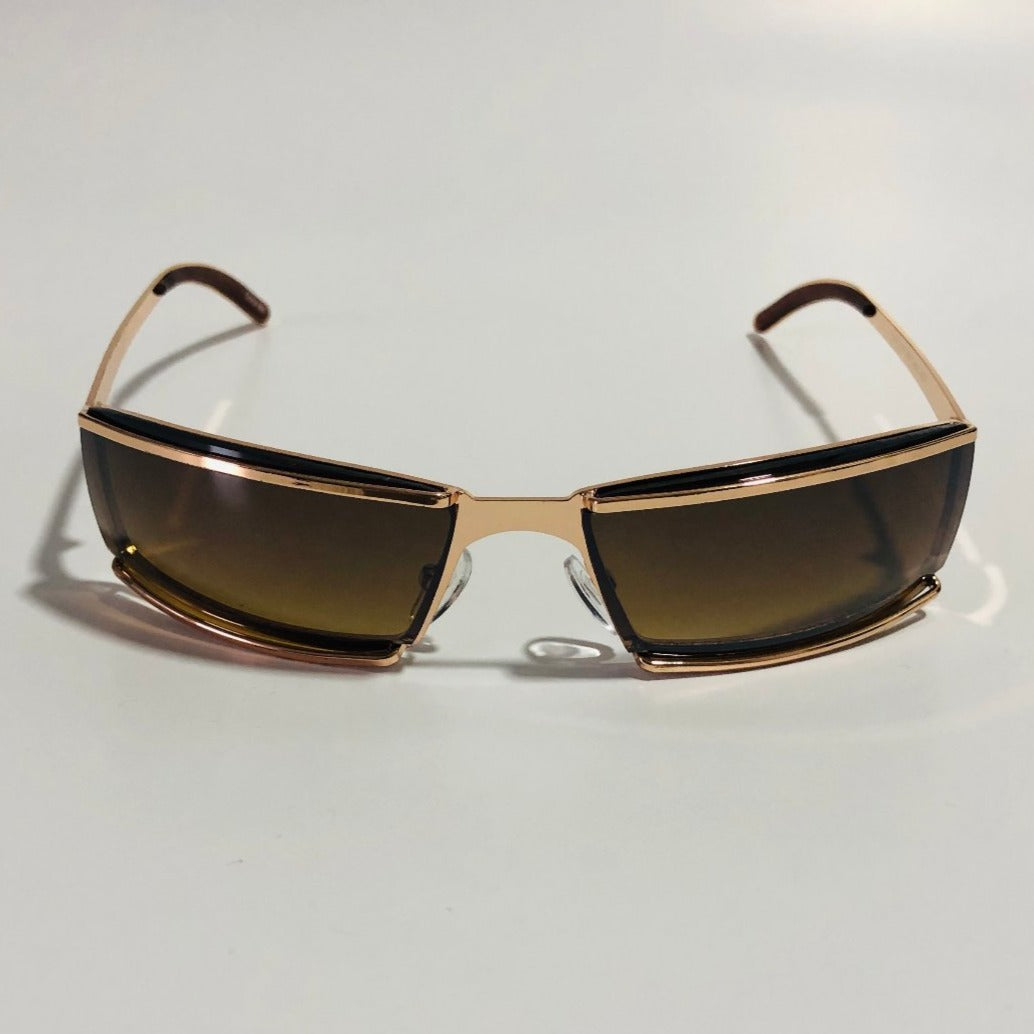 mens and womens gold wrap sunglasses with brown lenses