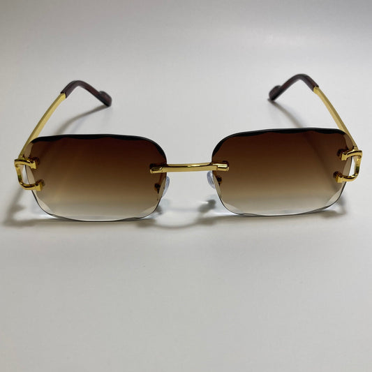 unisex brown and gold rimless oval sunglasses