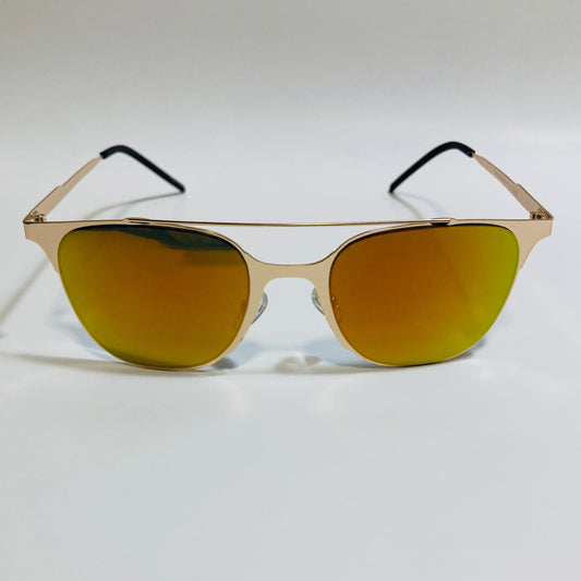 Square gold crossbar sunglasses with mirrored orange lenses 