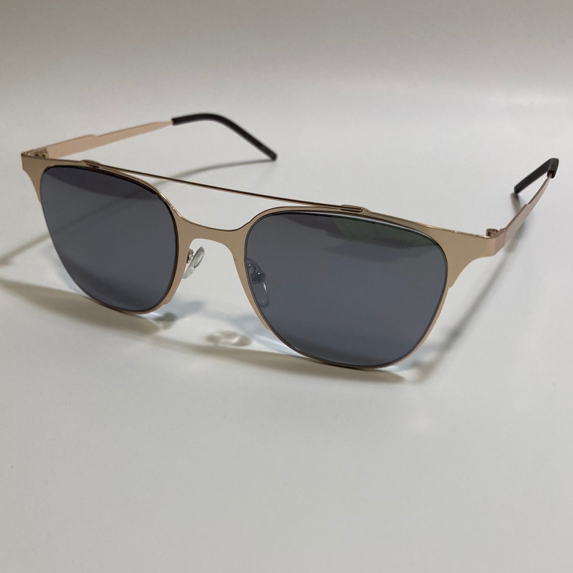 Square gold crossbar sunglasses with black lenses 