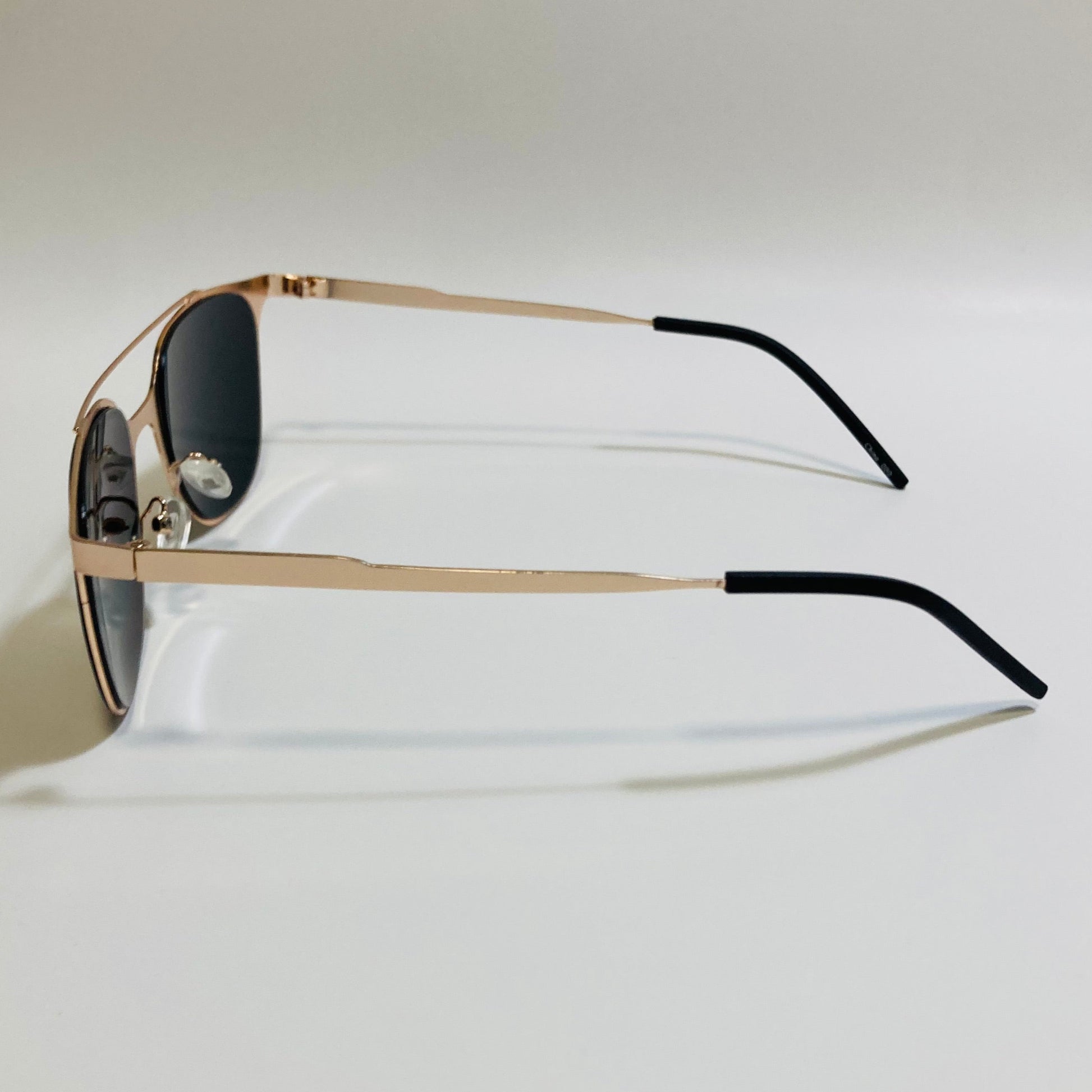 Square gold crossbar sunglasses with mirrored purple lenses 
