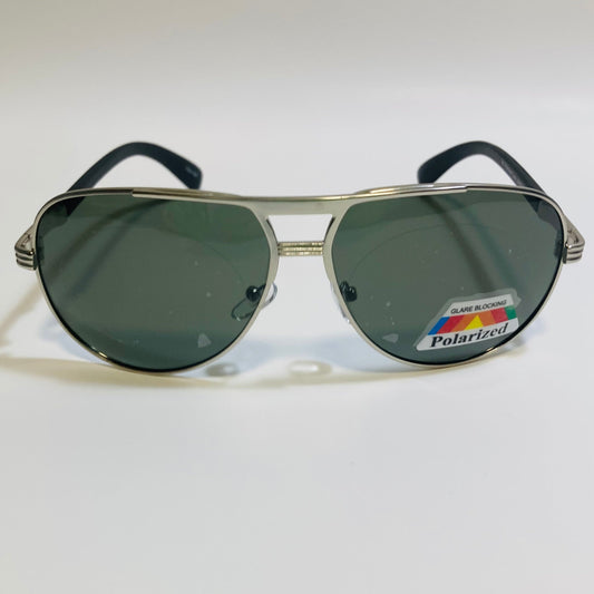 Polarized Silver and green aviator sunglasses with engraved metal frame 