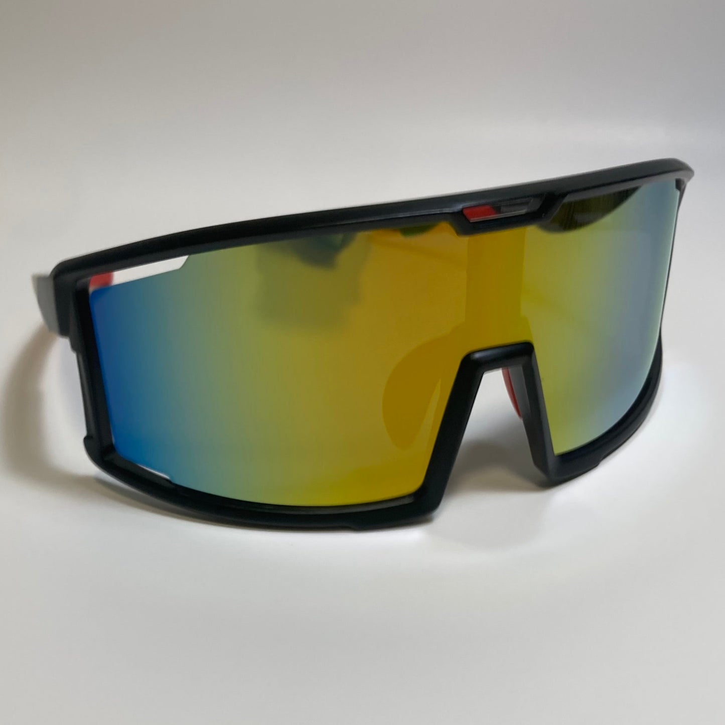 mens and womens black and red sport sunglasses with multicolor mirrored lens