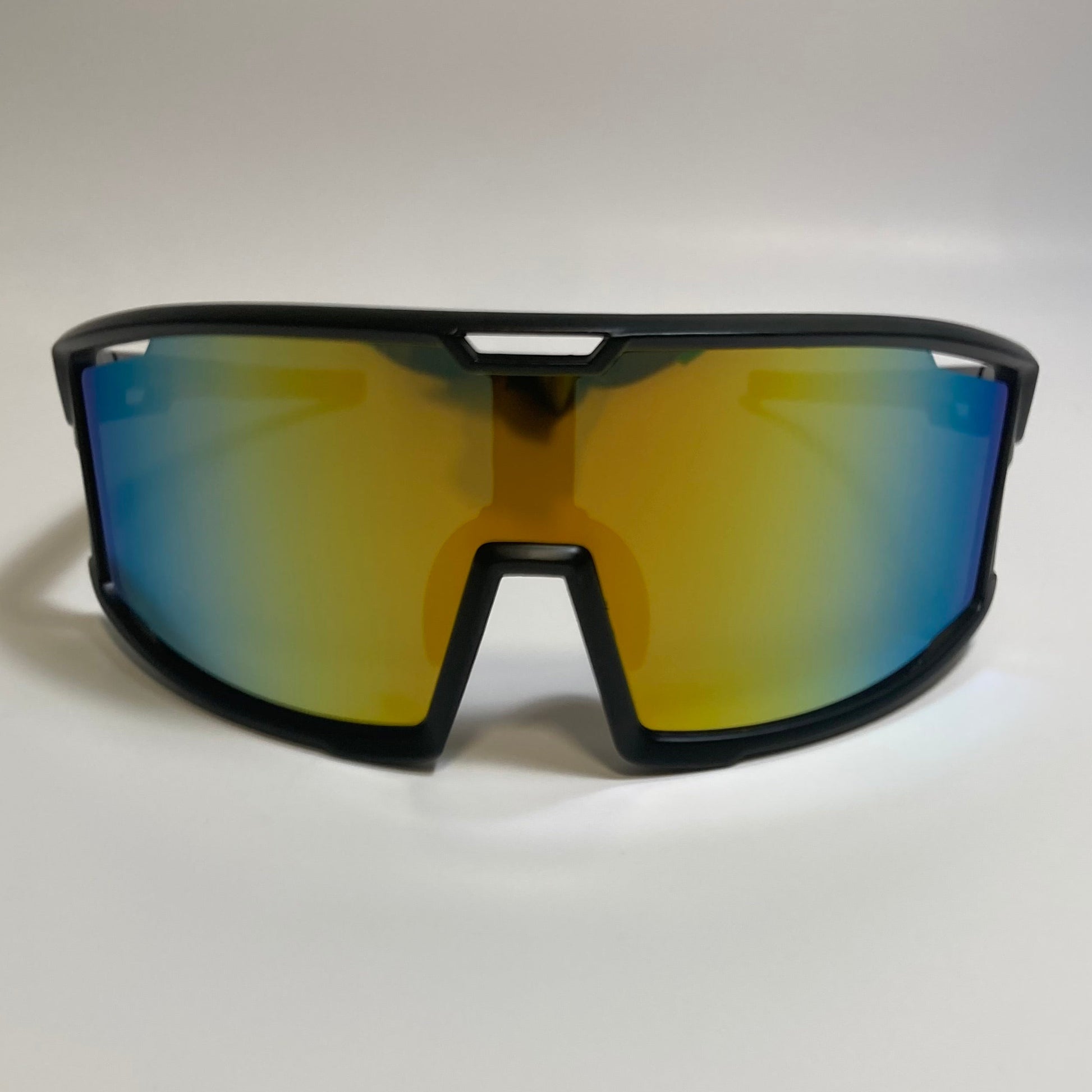 mens and womens black and red sport sunglasses with multicolor mirrored lens