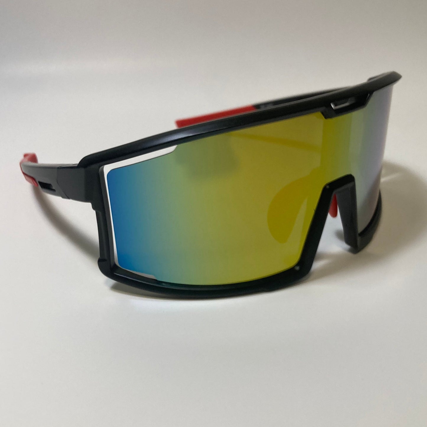 mens and womens black and red sport sunglasses with multicolor mirrored lens