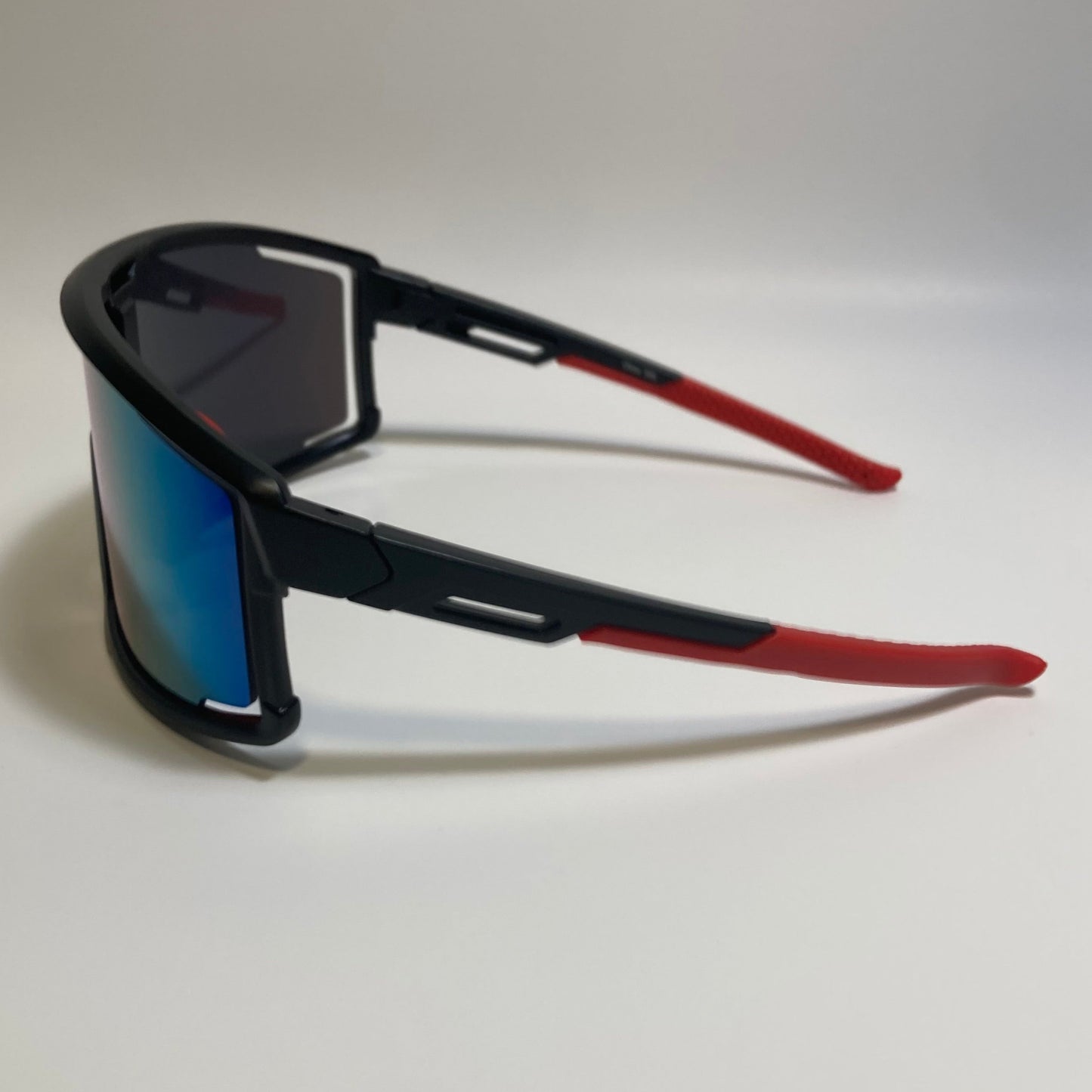 mens and womens black and red sport sunglasses with multicolor mirrored lens