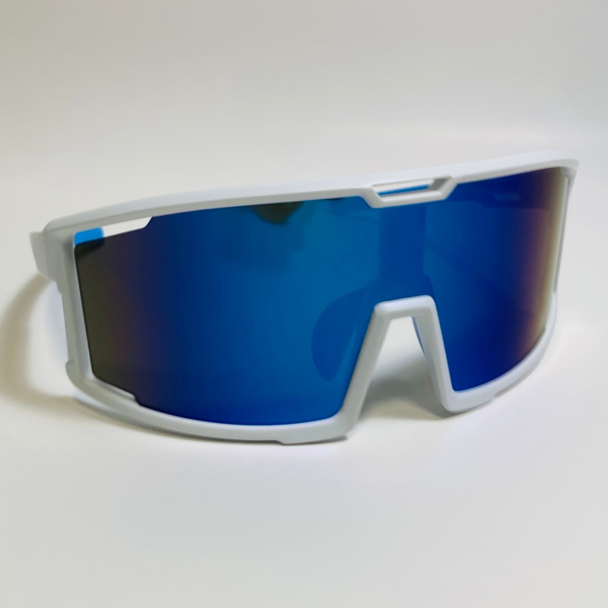 mens and womens white and blue sport sunglasses with blue mirrored lens 