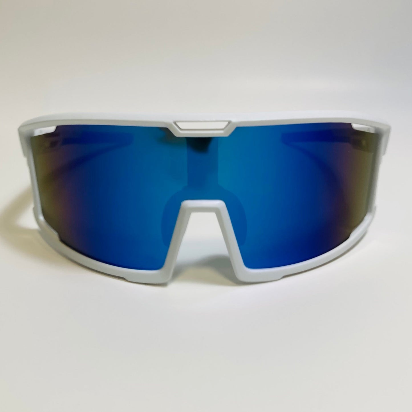 mens and womens white and blue sport sunglasses with blue mirrored lens 