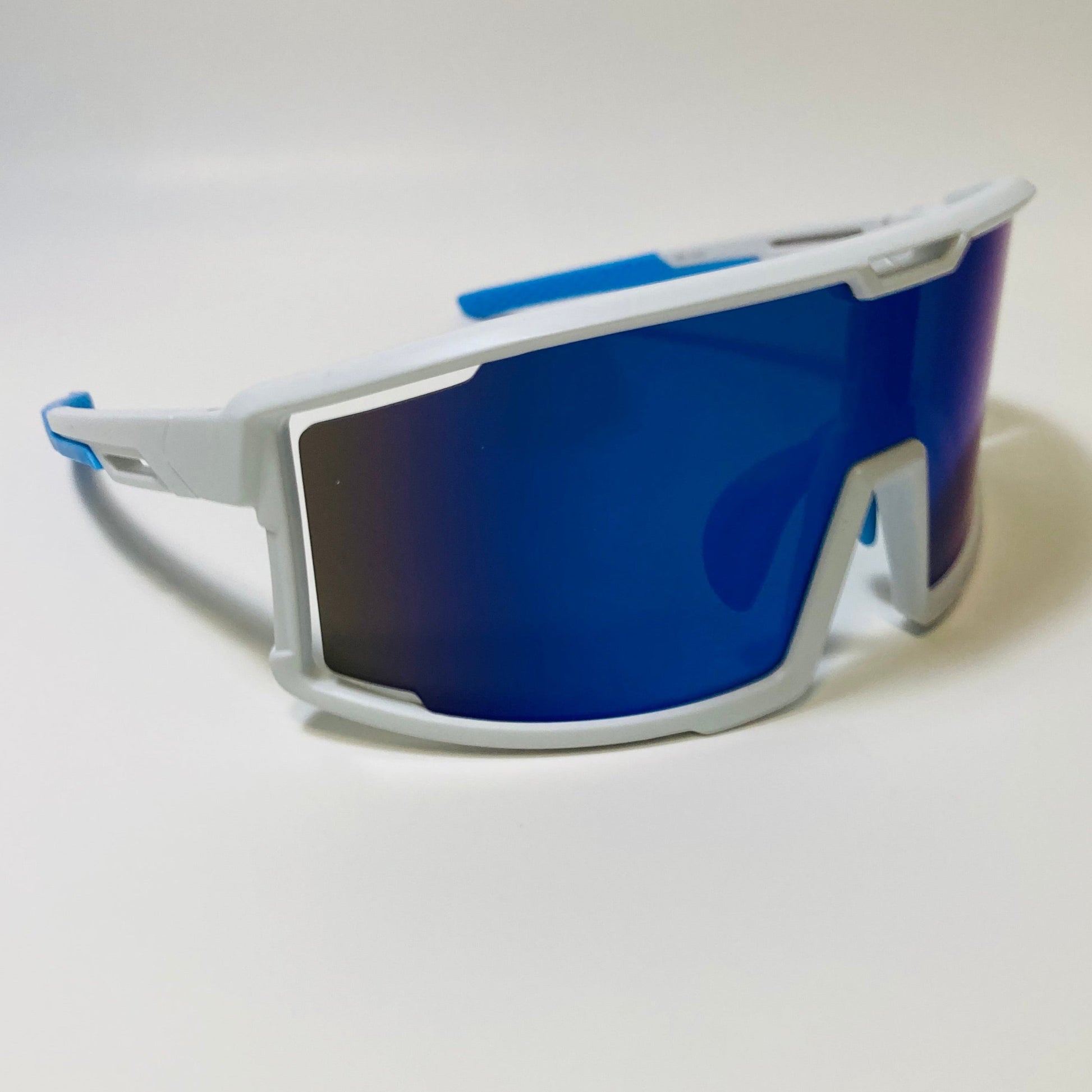 mens and womens white and blue sport sunglasses with blue mirrored lens 