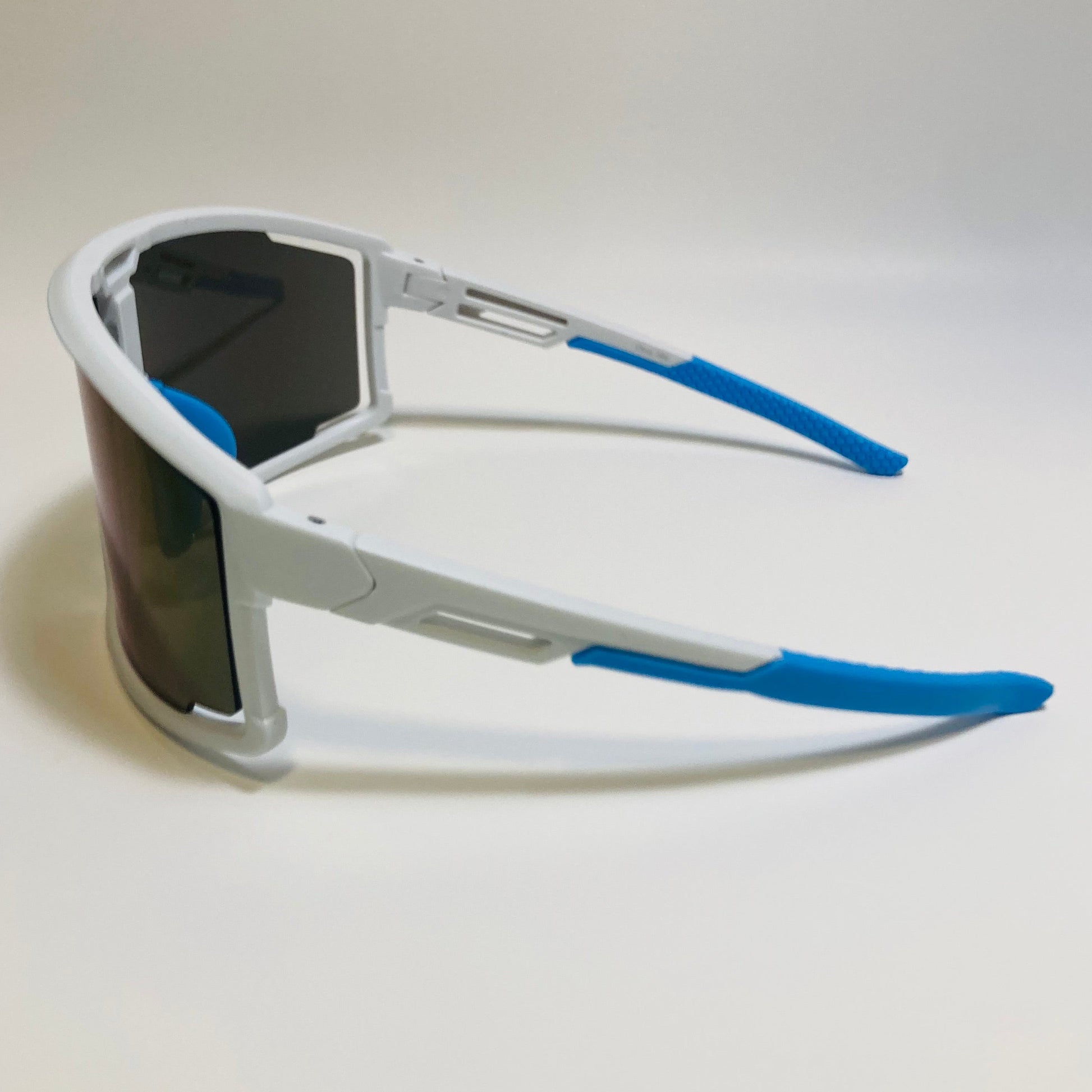 mens and womens white and blue sport sunglasses with blue mirrored lens 