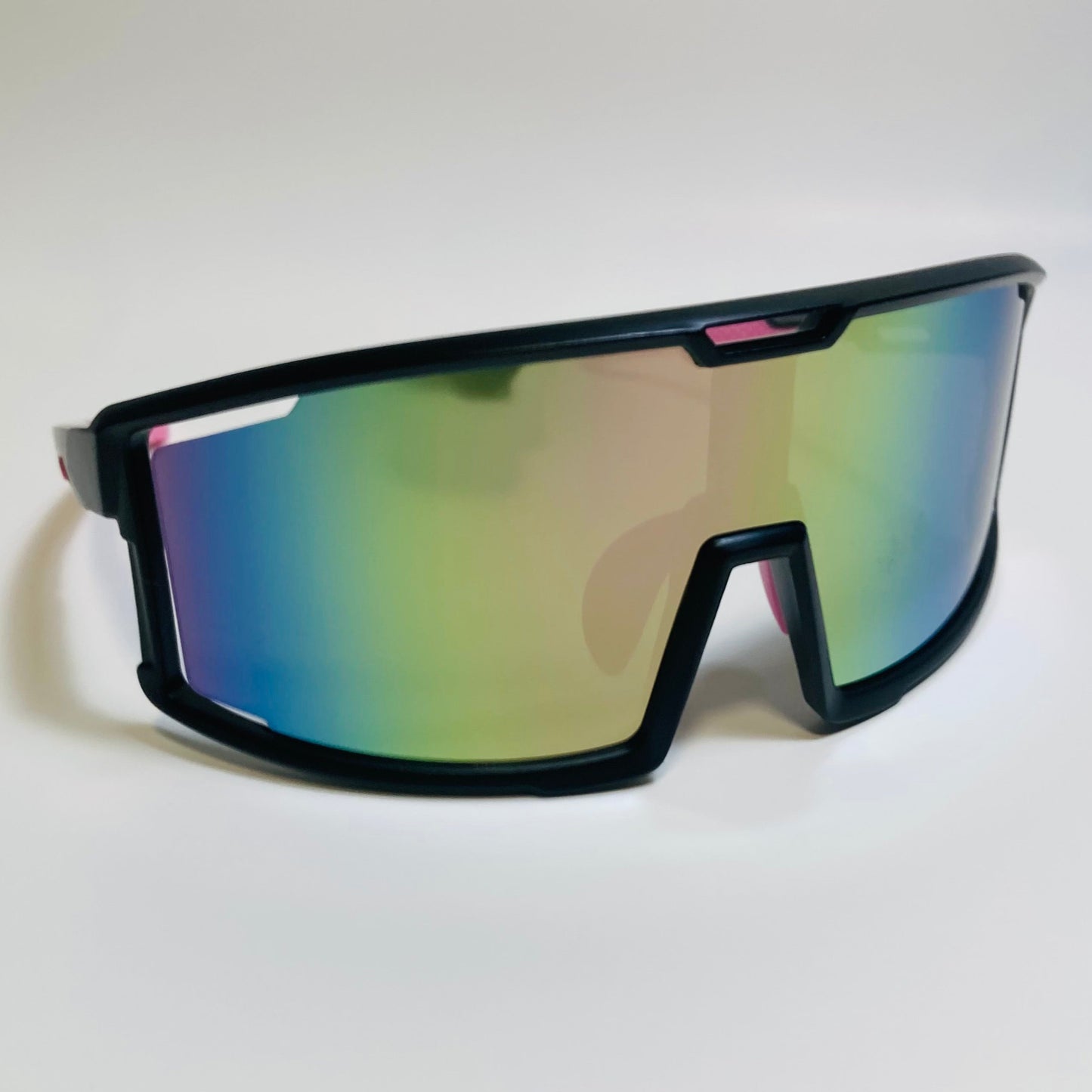 mens and womens black and pink sport sunglasses with multicolor mirrored lens