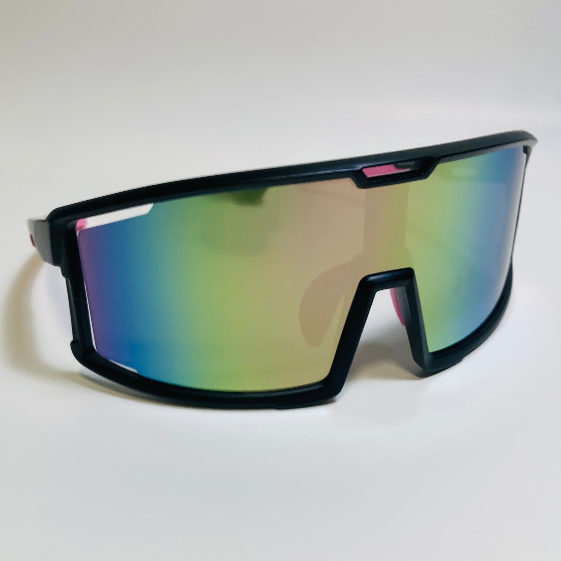 mens and womens black and pink sport sunglasses with multicolor mirrored lens