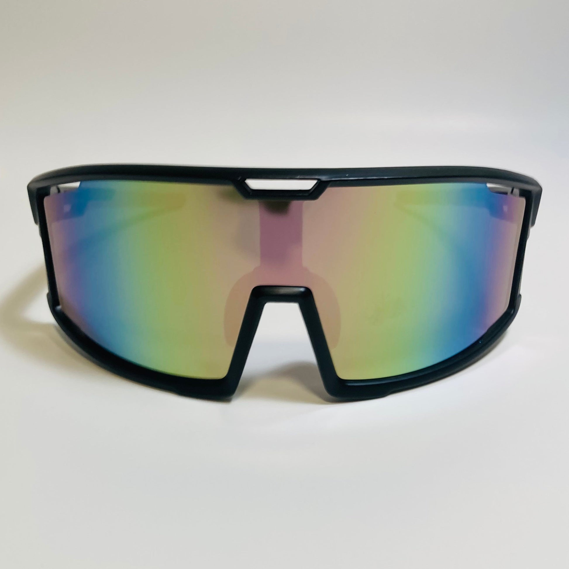 mens and womens black and pink sport sunglasses with multicolor mirrored lens