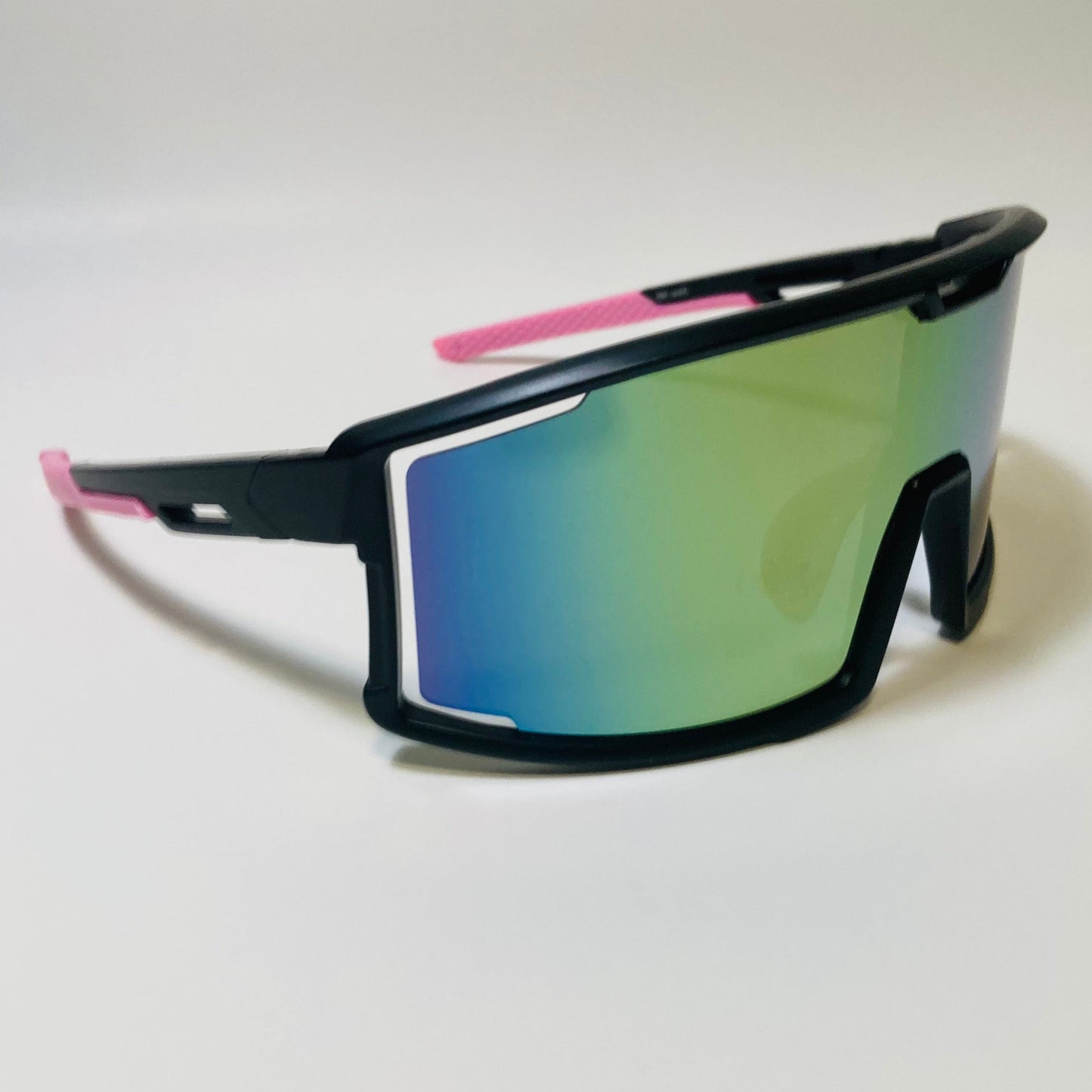 mens and womens black and pink sport sunglasses with multicolor mirrored lens