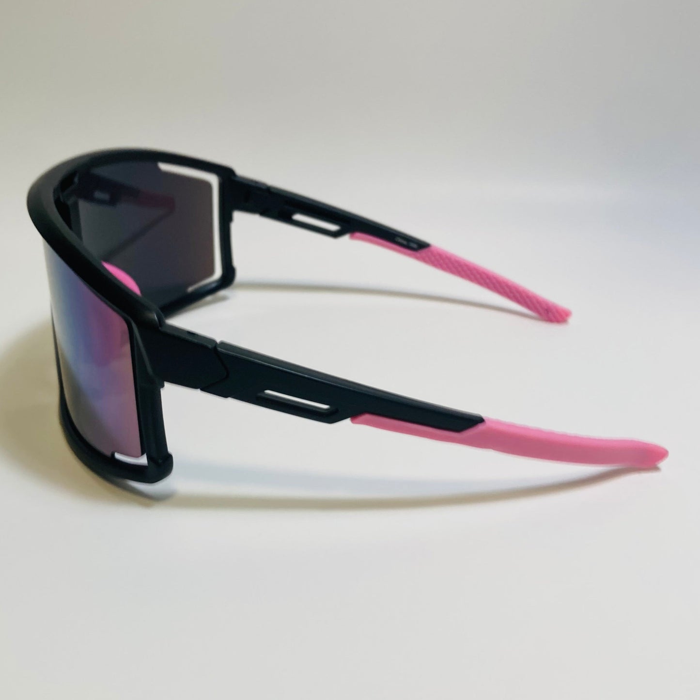 mens and womens black and pink sport sunglasses with multicolor mirrored lens