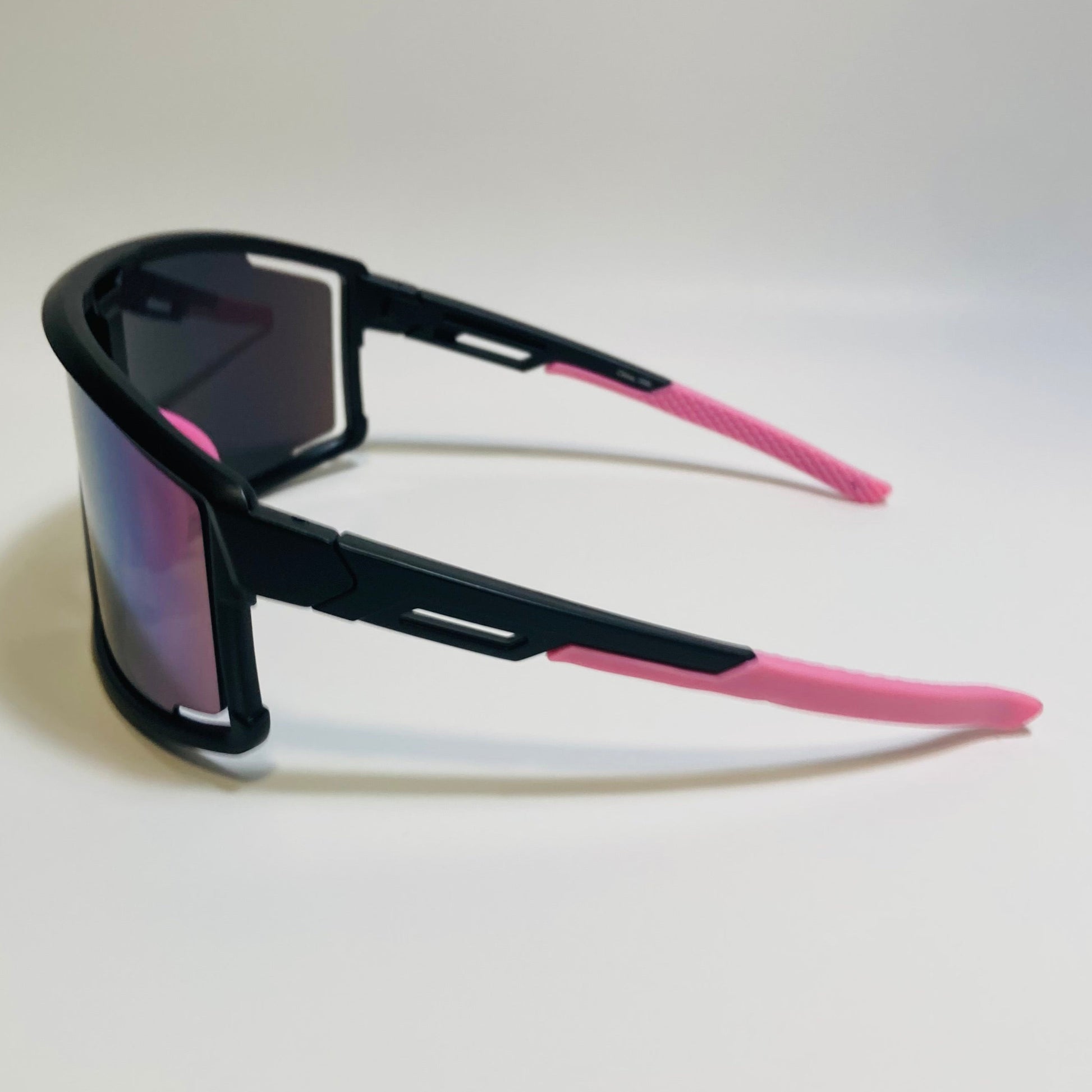 mens and womens black and pink sport sunglasses with multicolor mirrored lens