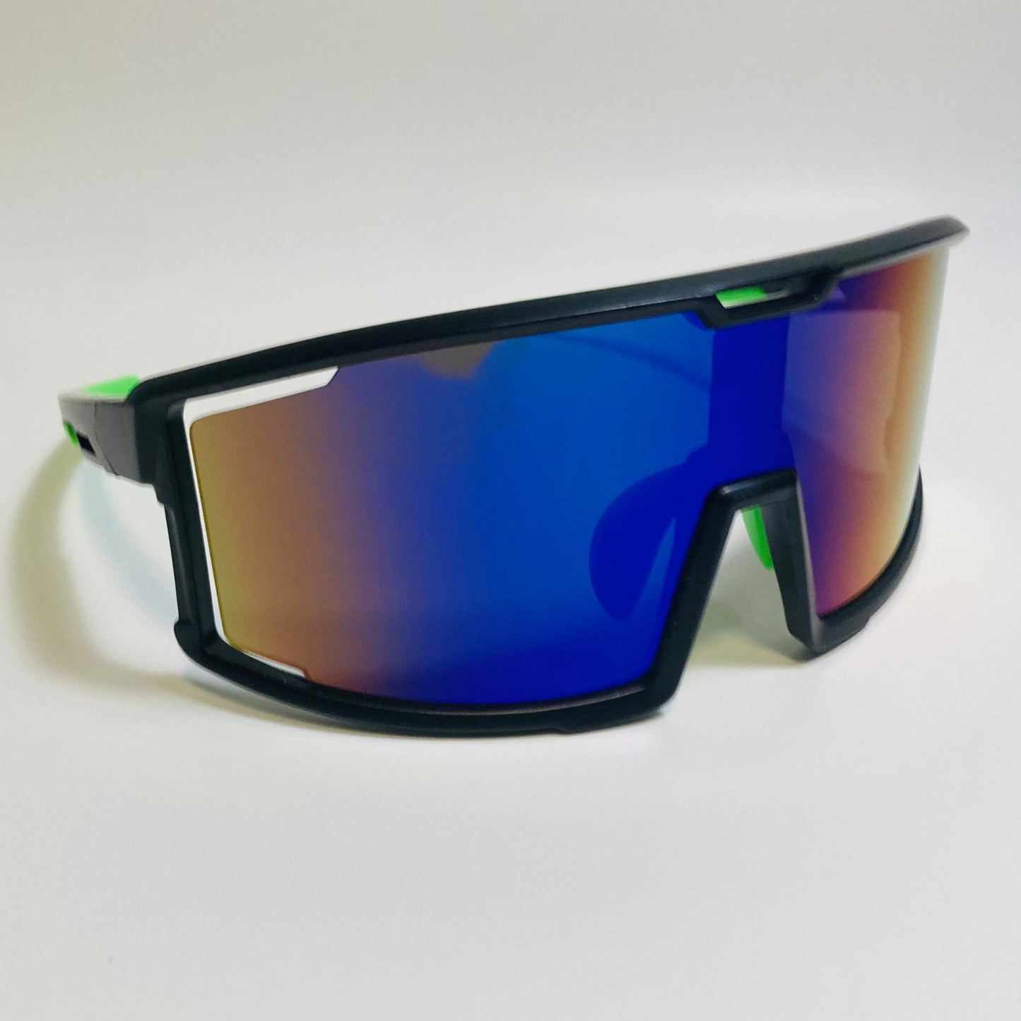 mens and womens black and green sport sunglasses with multicolor mirrored lens