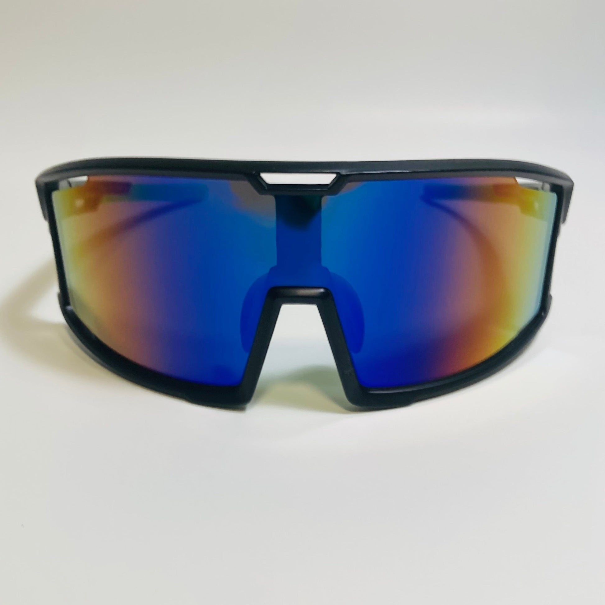 mens and womens black and green sport sunglasses with blue mirrored lens