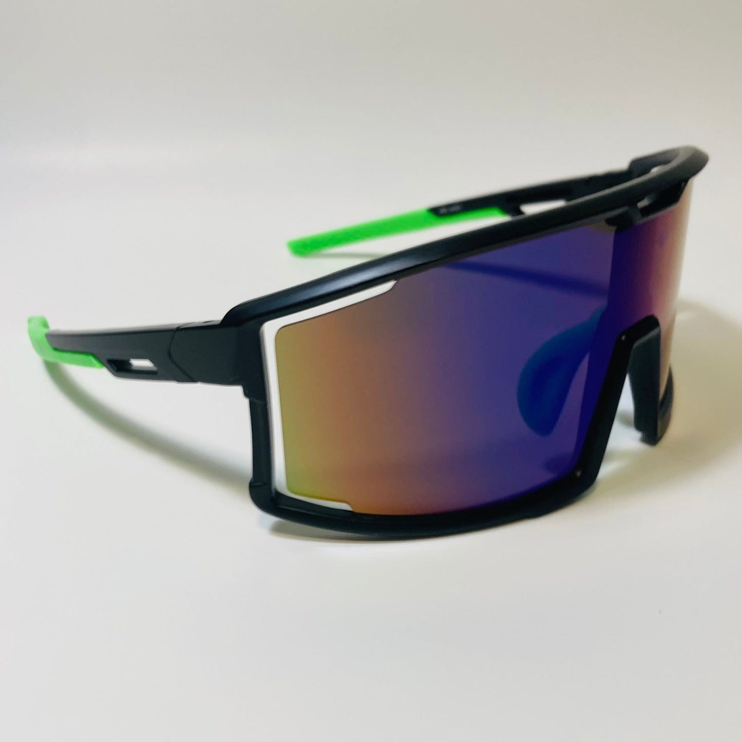 mens and womens black and green sport sunglasses with multicolor mirrored lens