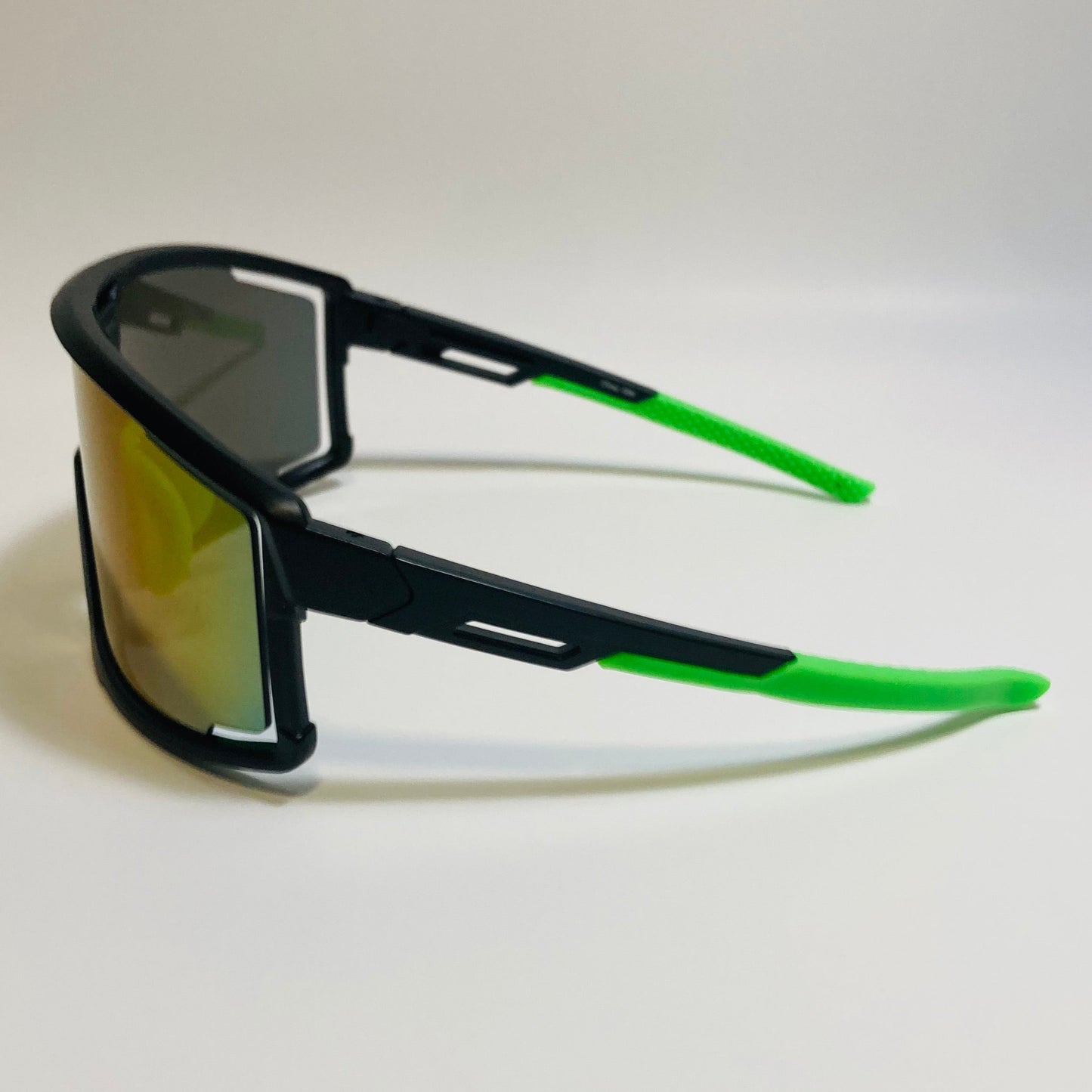 mens and womens black and green sport sunglasses with multicolor mirrored lens