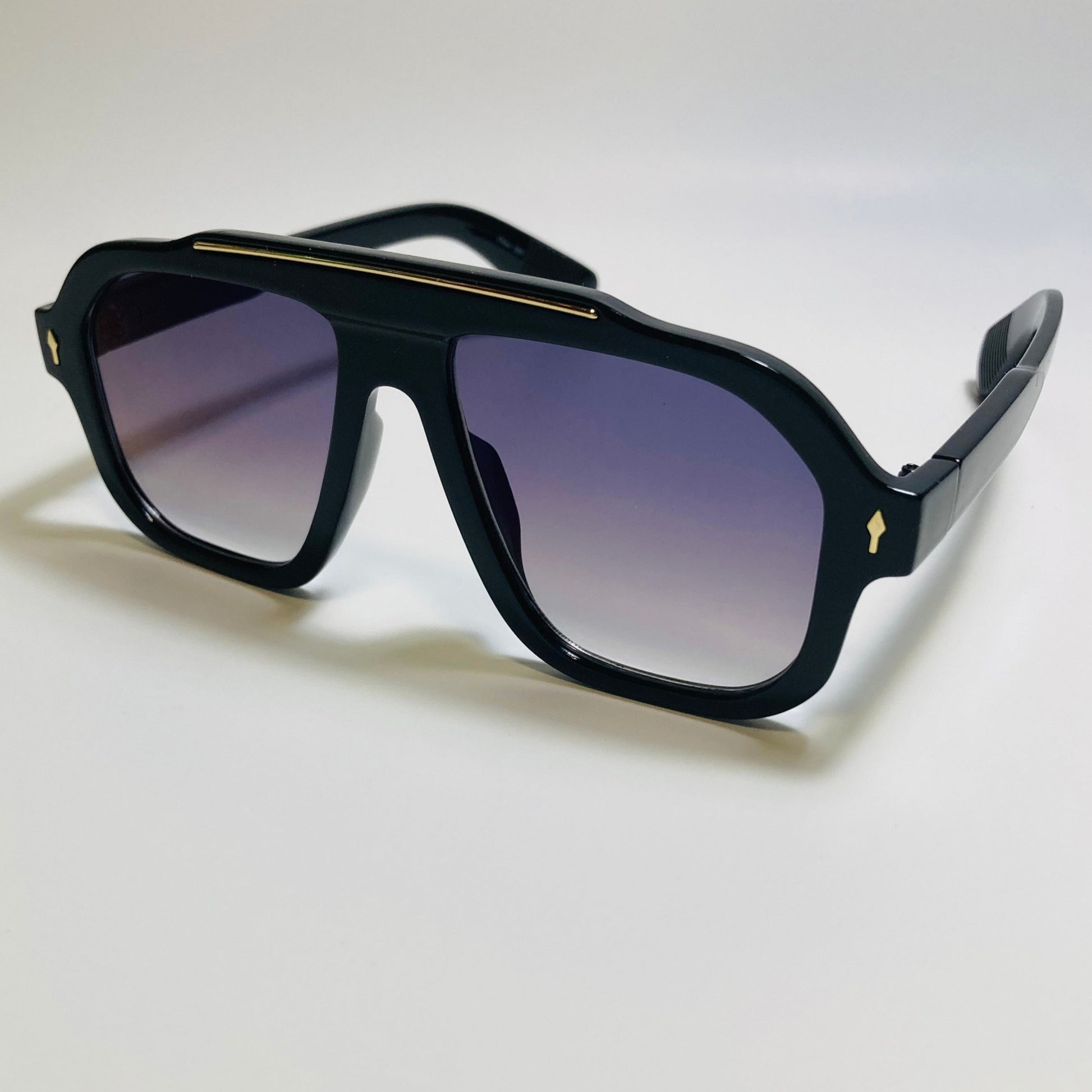 Mens and womens unisex black gold and blue square aviator 70s sunglasses