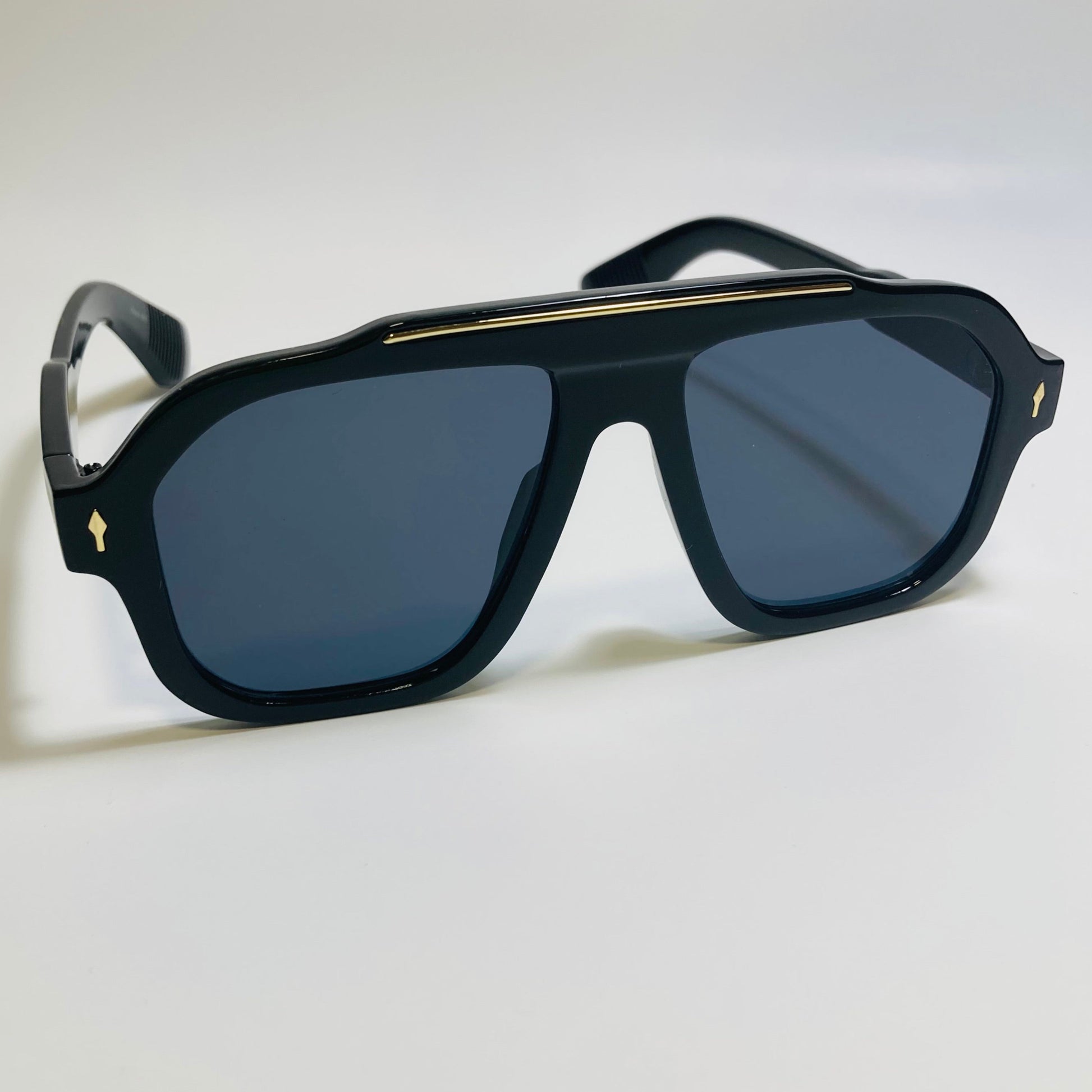 Mens and womens unisex black and gold square aviator 70s sunglasses