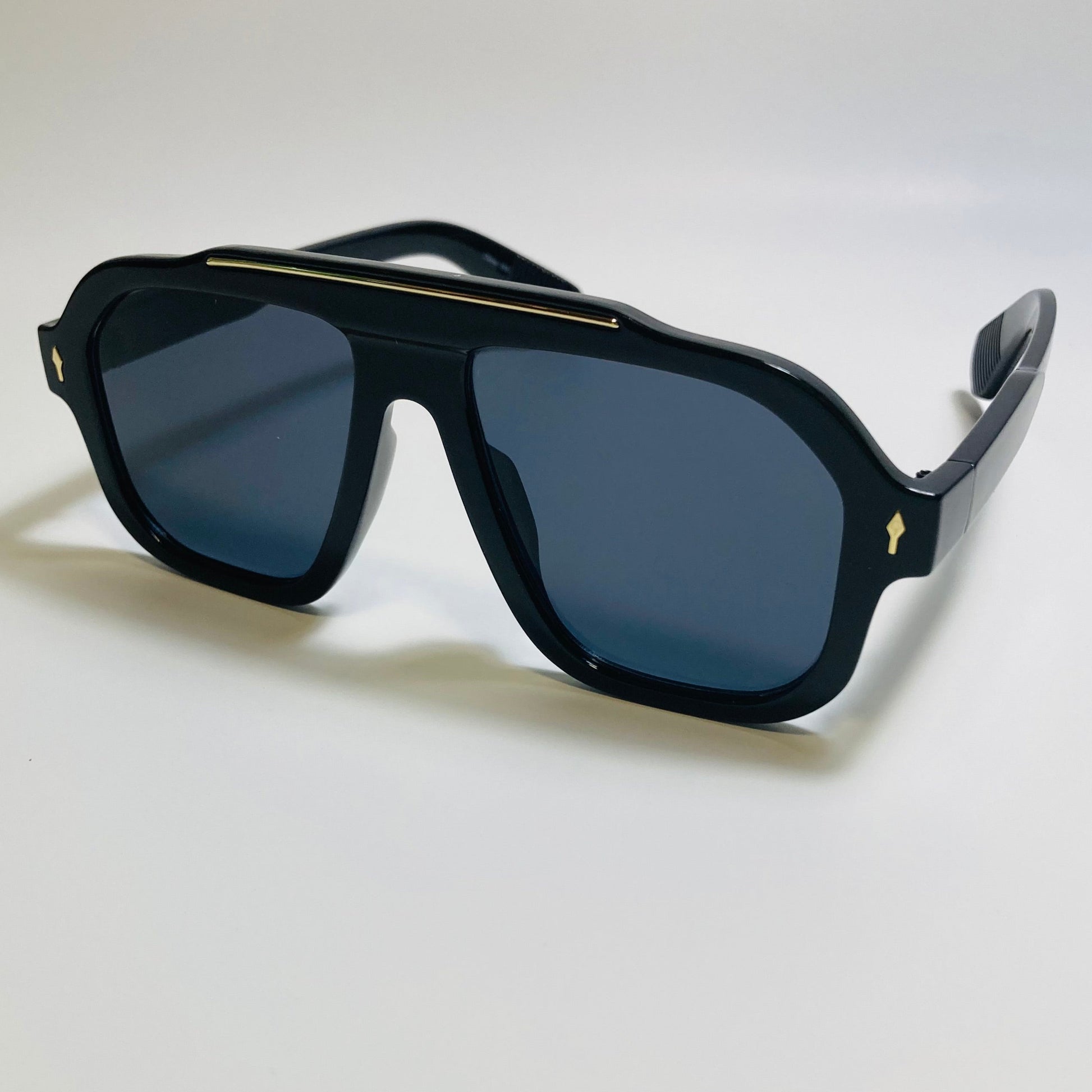 Mens and womens unisex black and gold square aviator 70s sunglasses