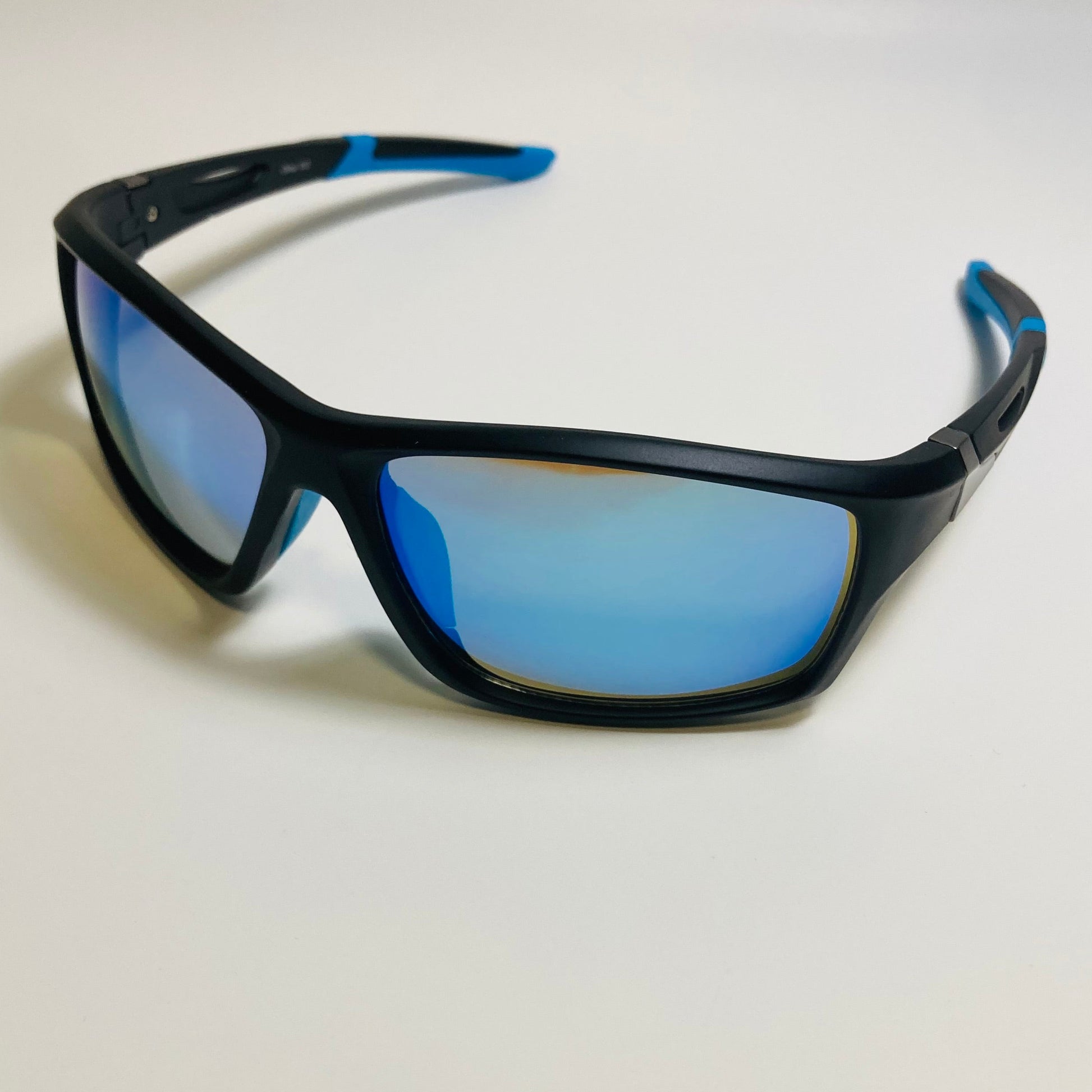 mens black and blue mirrored wraparound sunglasses 