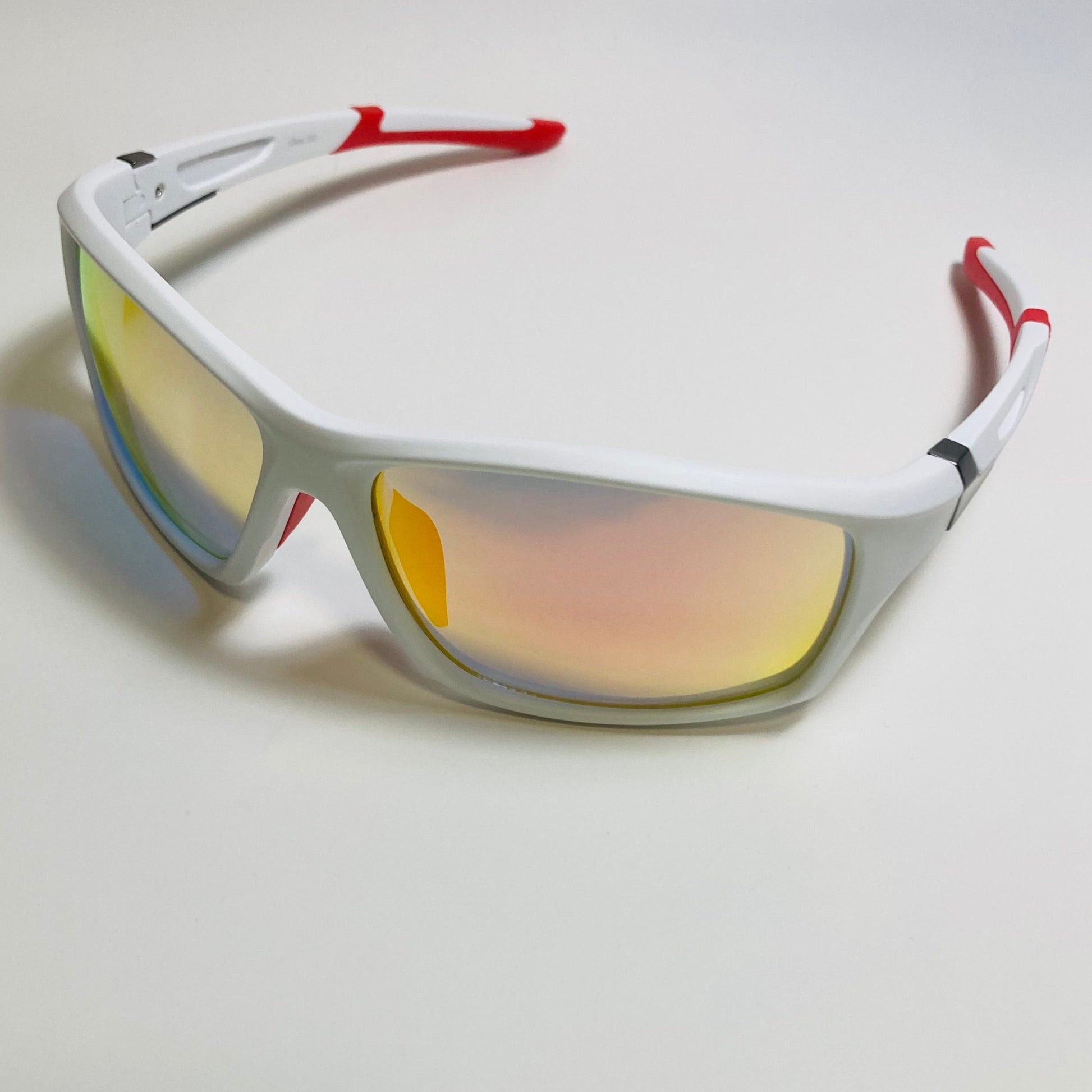 mens white and orange mirrored wraparound sunglasses 
