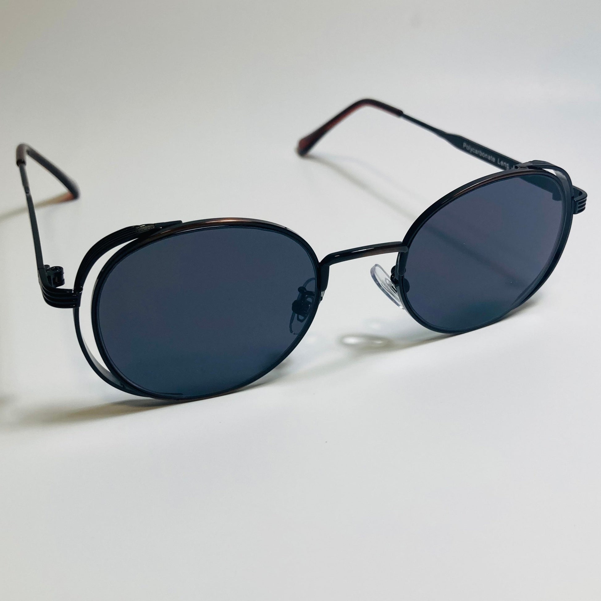 mens and womens bronze and black metal frame side shield y2k sunglasses
