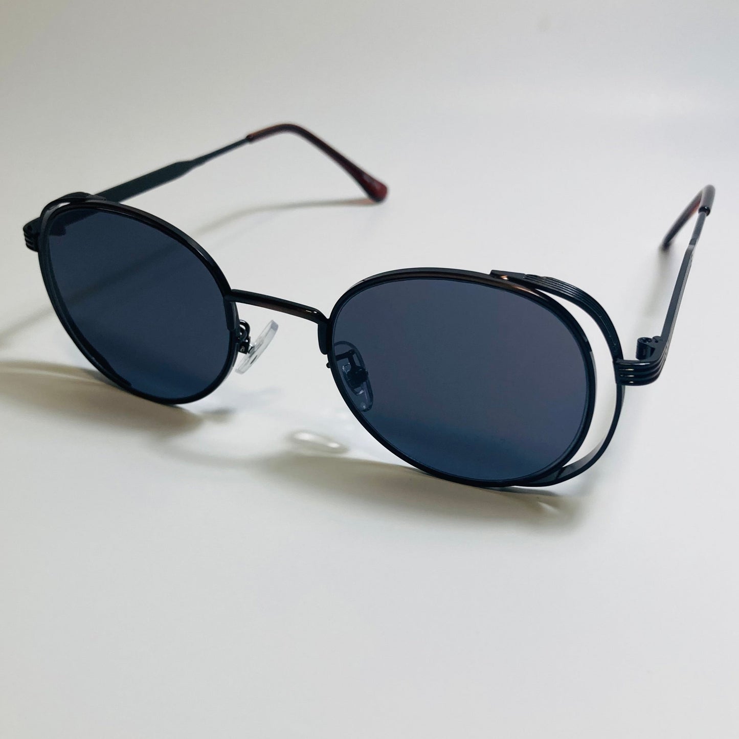 mens and womens bronze and black metal frame side shield y2k sunglasses