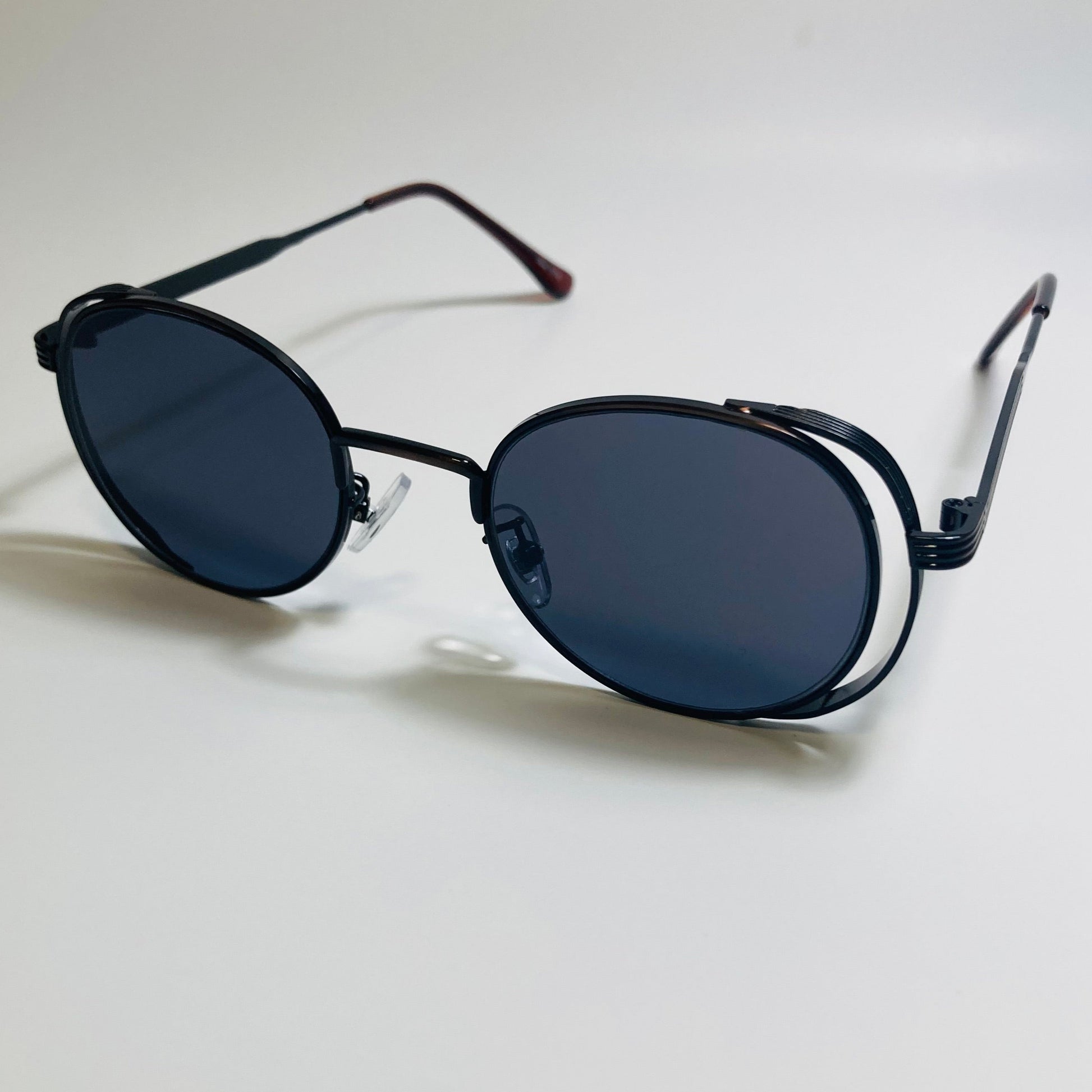 mens and womens bronze and black metal frame side shield y2k sunglasses