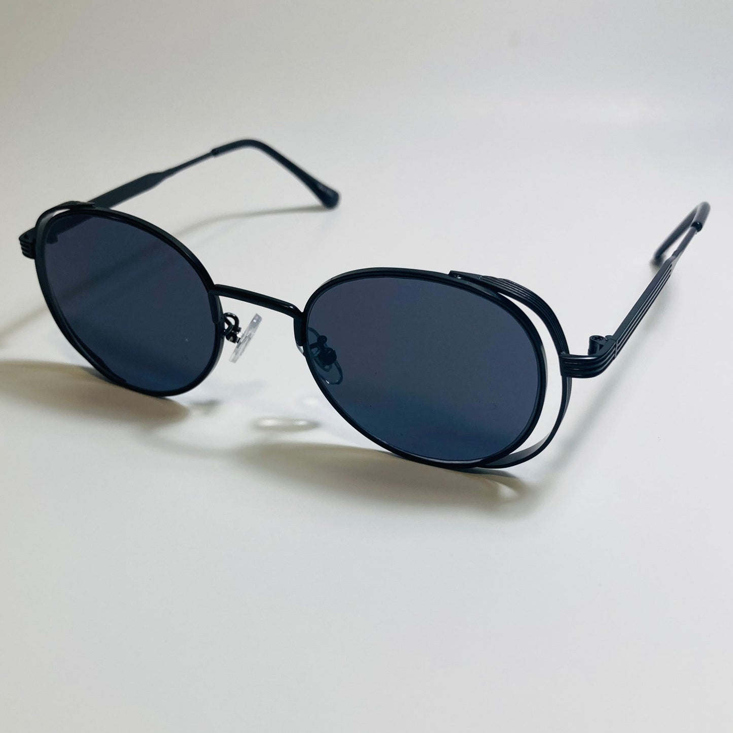 mens and womens black metal frame side shield y2k sunglasses
