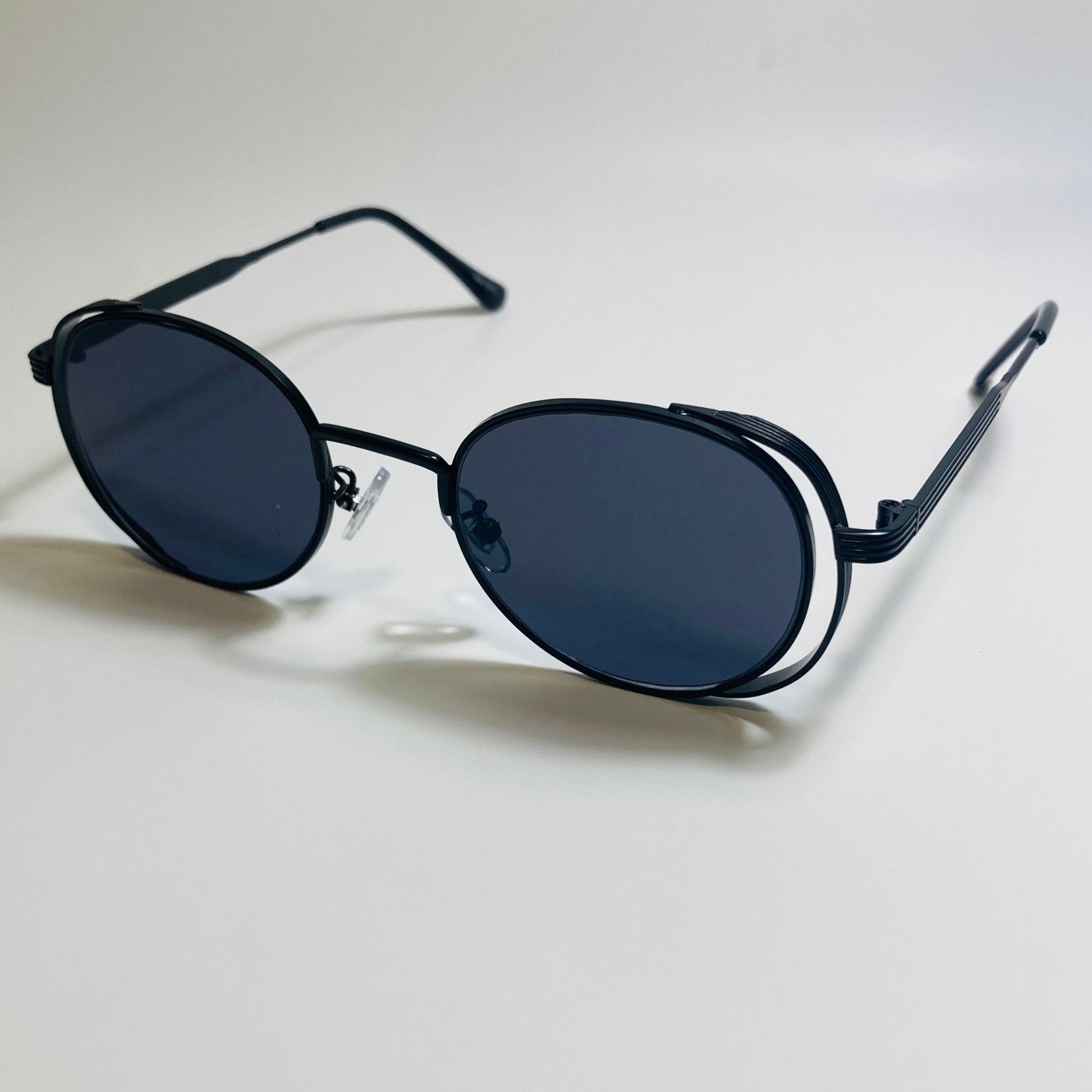 mens and womens black metal frame side shield y2k sunglasses