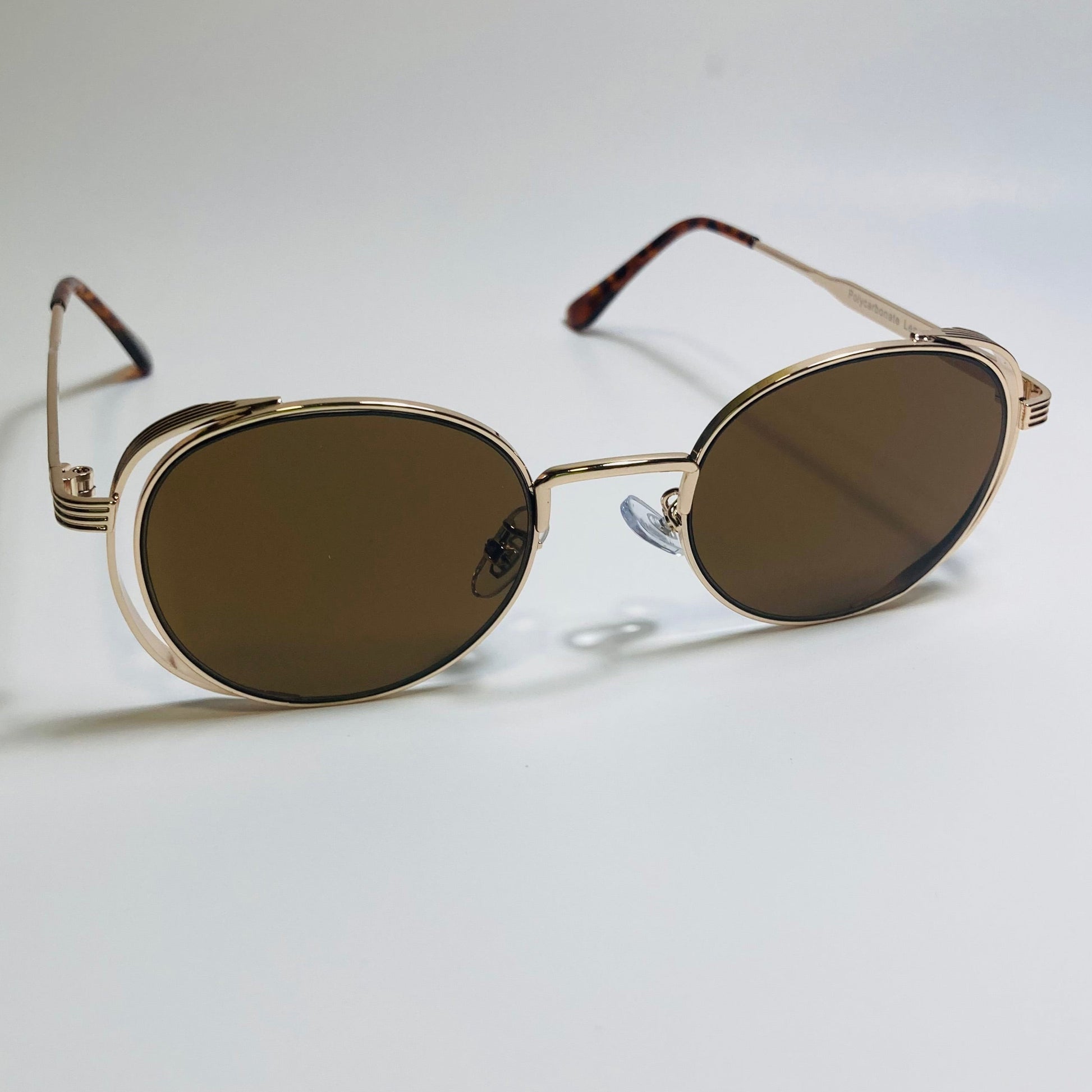 mens and womens gold and brown metal frame side shield y2k sunglasses