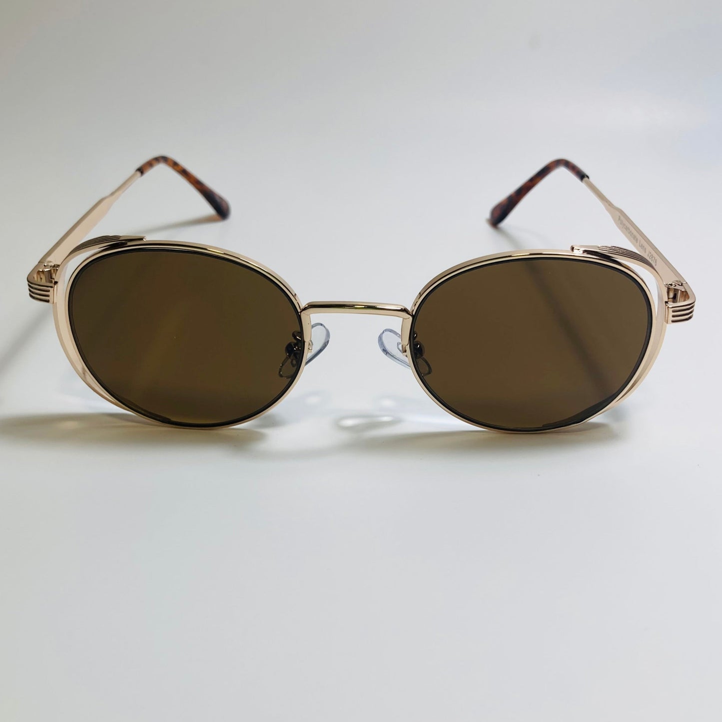 mens and womens gold and brown metal frame side shield y2k sunglasses